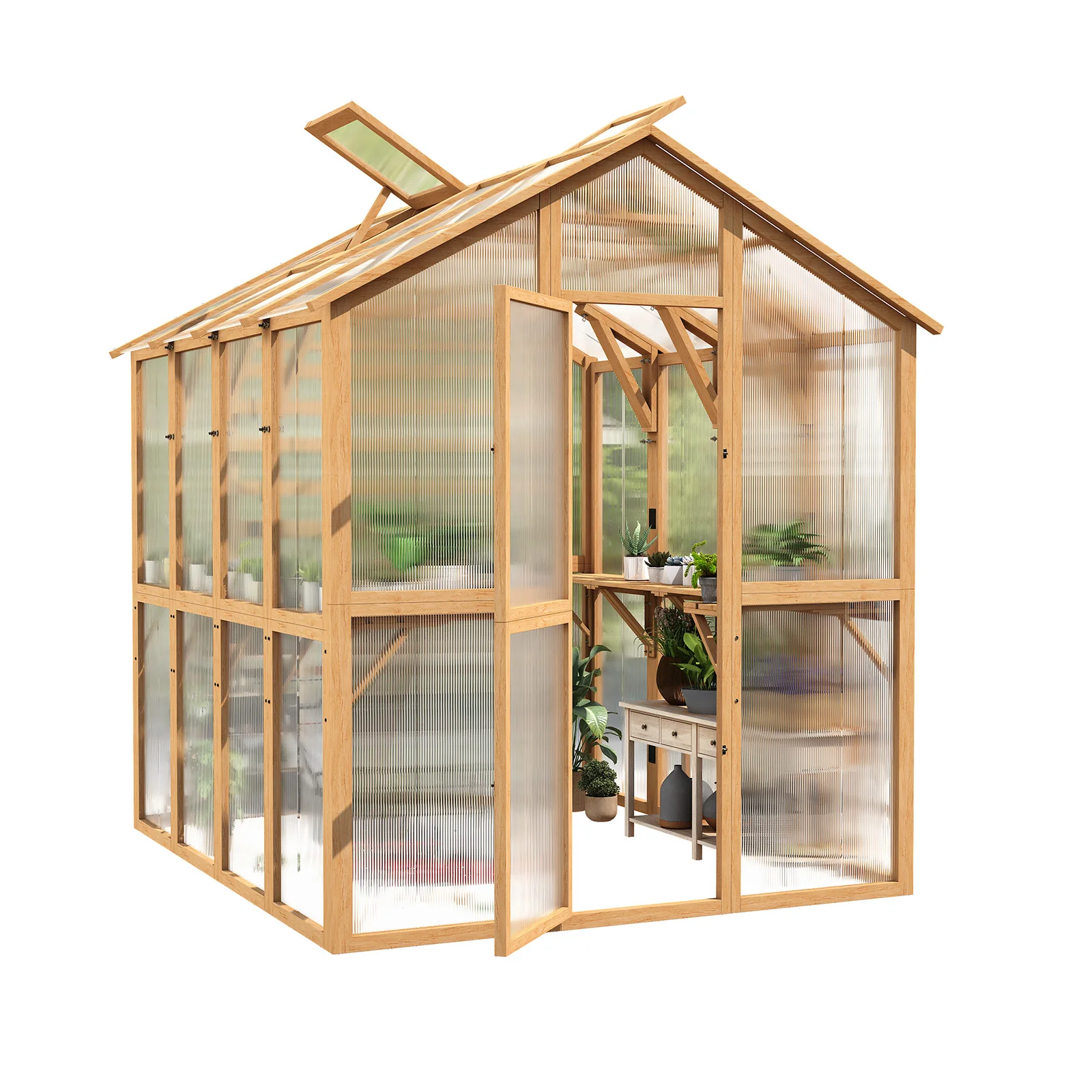 9f8be2bffc72e55ad021a57a5690749a6ec11053e3612c05ed86ed62002b6f1e.webp AECOJOY 6x7 FT Wooden Greenhouse for Outdoors, Walk-in Garden Greenhouse with Plant Stand, Lockable Door - Image 1