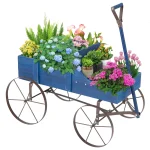 Rustic Wooden Wagon Planter, Decorative Garden Flower Cart with Metal Wheels & Adjustable Handle, Large Raised Bed Plant Stand for Patio Yard