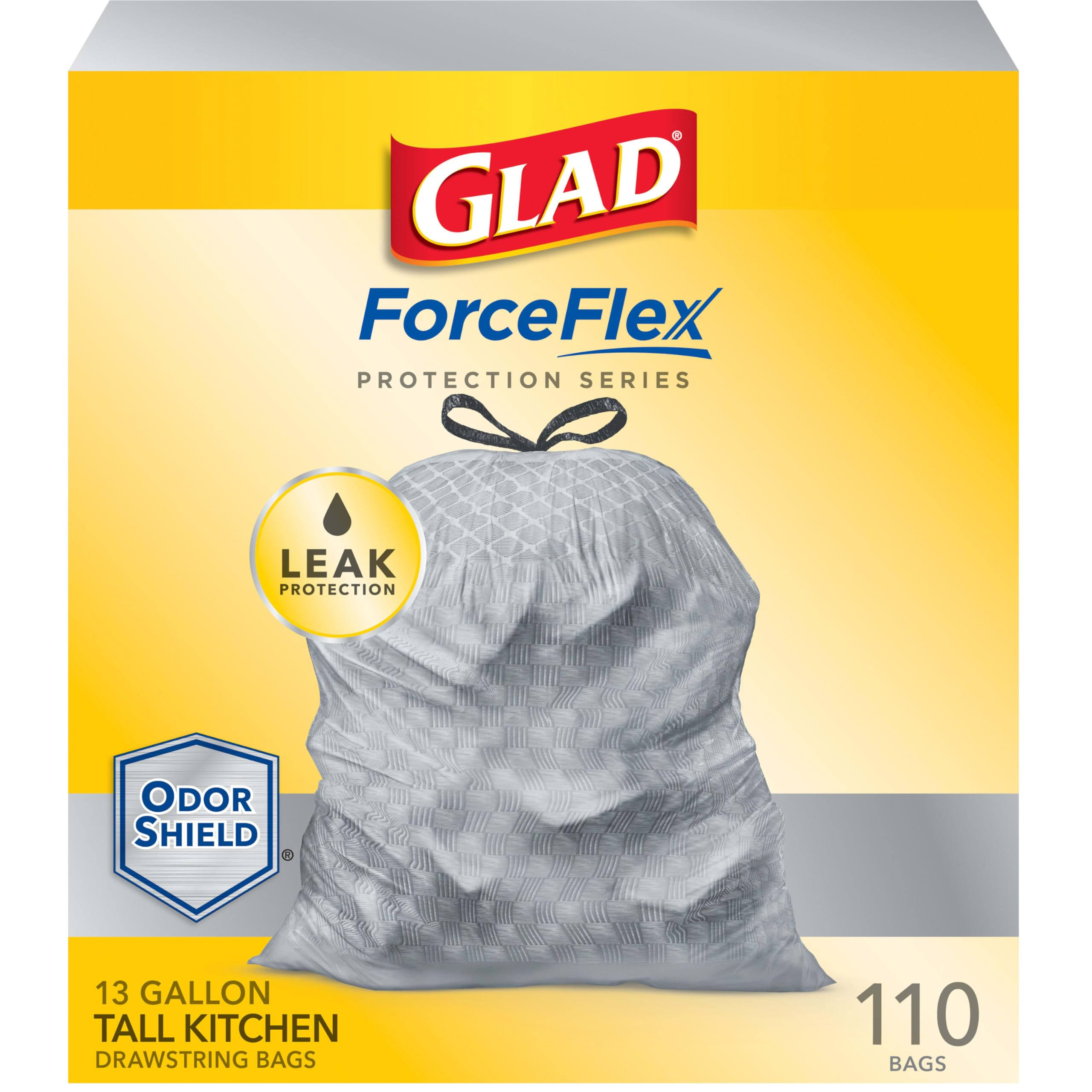 9fde93f76b33b74043f254ab63f7314827dbe2afa4efa6e62aa57a4999574699.jpg Glad ForceFlex Protection Series Tall Kitchen Drawstring Trash Bags, 13 gal, 110 Count - Image 1