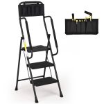 HBTower 3 Step Ladder with Handrails, Folding Step Stool with Attachable Tool Bag & Anti-Slip Wide Pedal for Home Kitchen Pantry