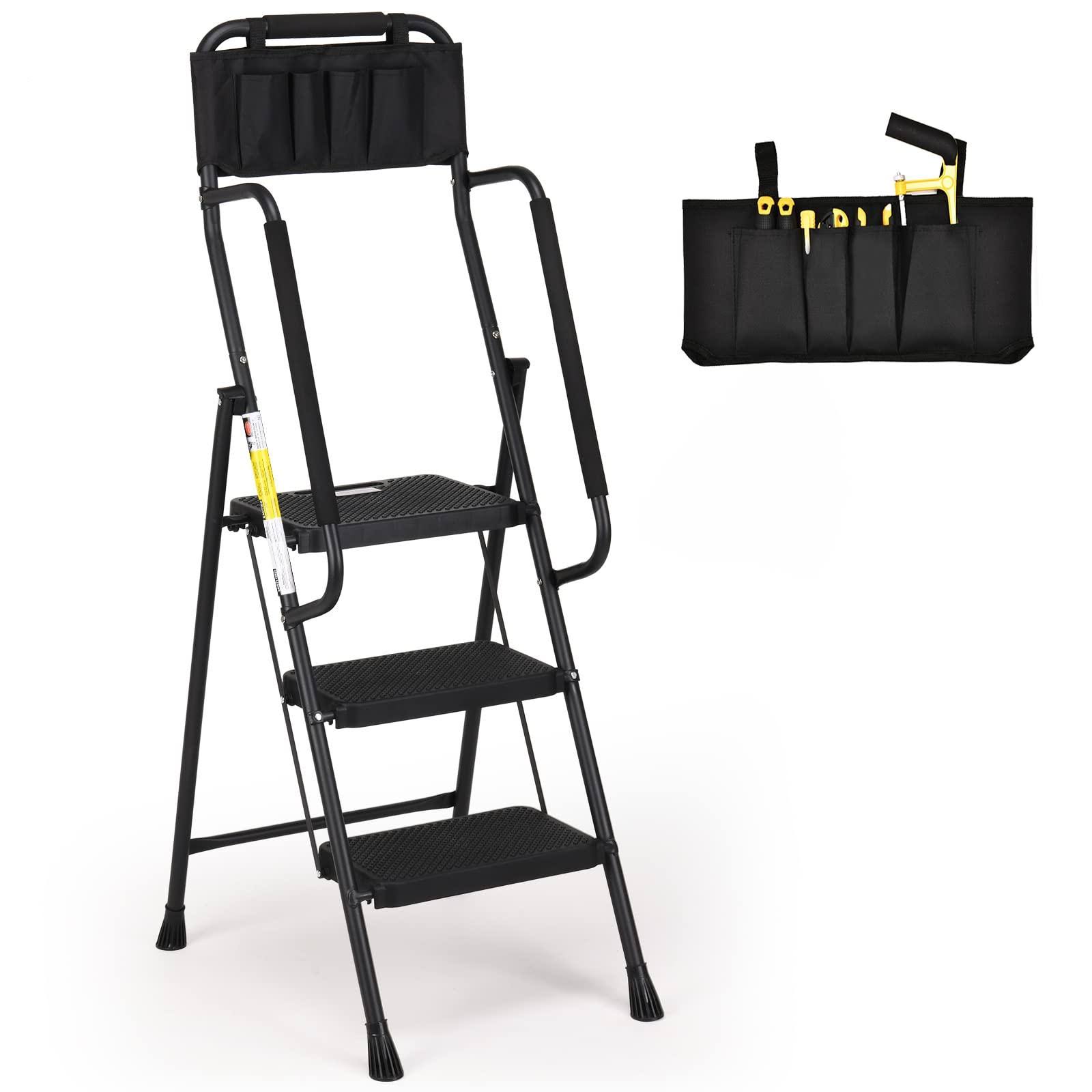 a03dfc1a4ac44d289c80c5222ad9314d08e8c64179a82f0a4c33129d9a1a39bc.jpg HBTower 3 Step Ladder with Handrails, Folding Step Stool with Attachable Tool Bag & Anti-Slip Wide Pedal for Home Kitchen Pantry - Image 1