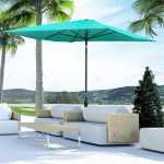 Outsunny 6.6' x 10' Rectangular Market Umbrella, Patio Outdoor Table Umbrella with Crank and Push Button Tilt, Teal, Green