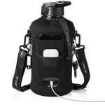 Shazo Kitchen Half Gallon 2.2L Water Bottle with Straw 74oz Large Gym Water Bottle with Storage Sleeve, Bottle Brush, Builtin Wallet, Pockets