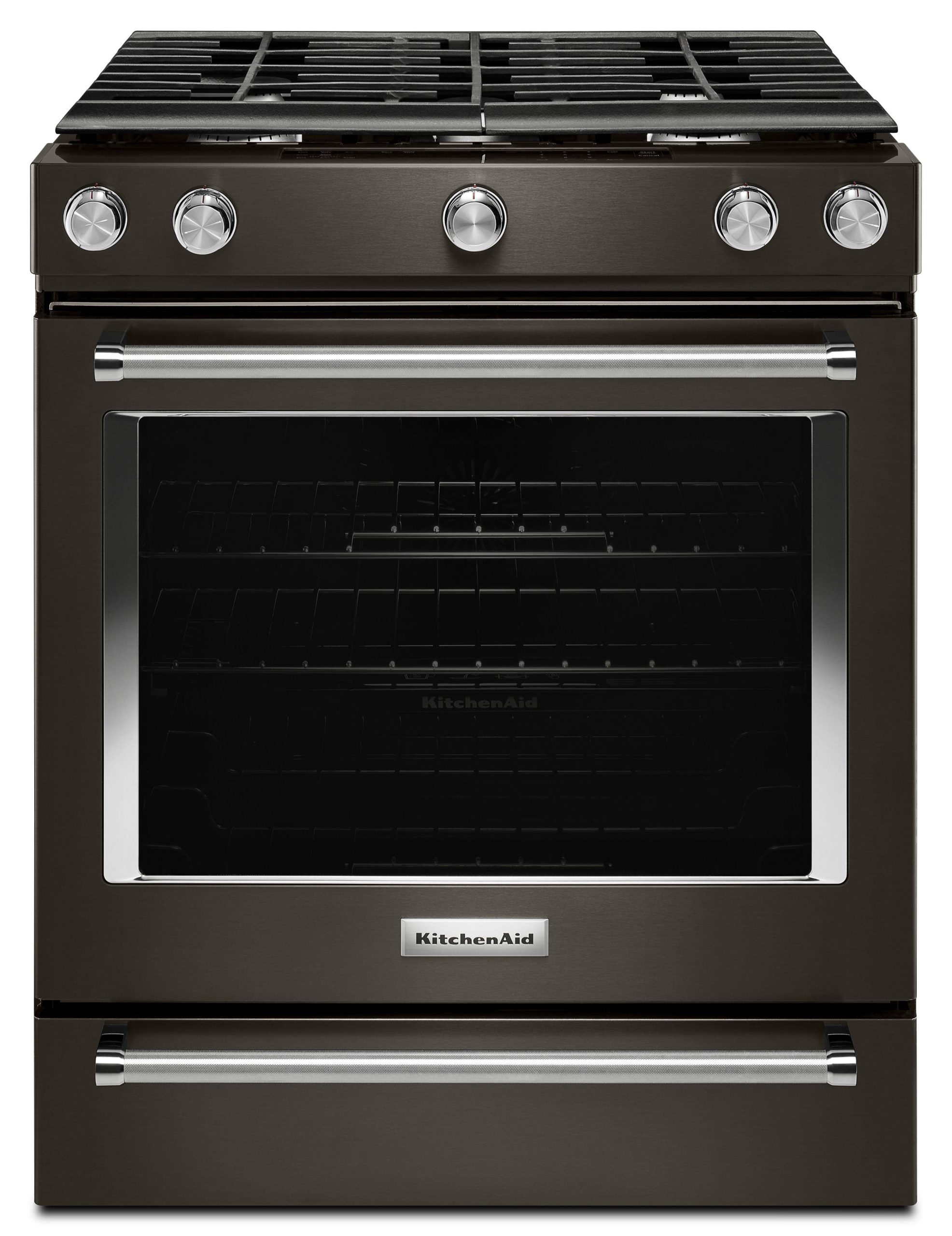 a0cbad3a5bc5ef34b6a20977b27141b97b81f78f6661291f29c0ad7cbc514602.jpg KitchenAid 30-Inch 5-Burner GAS Slide-In Convection Range - Black Stainless - Image 1