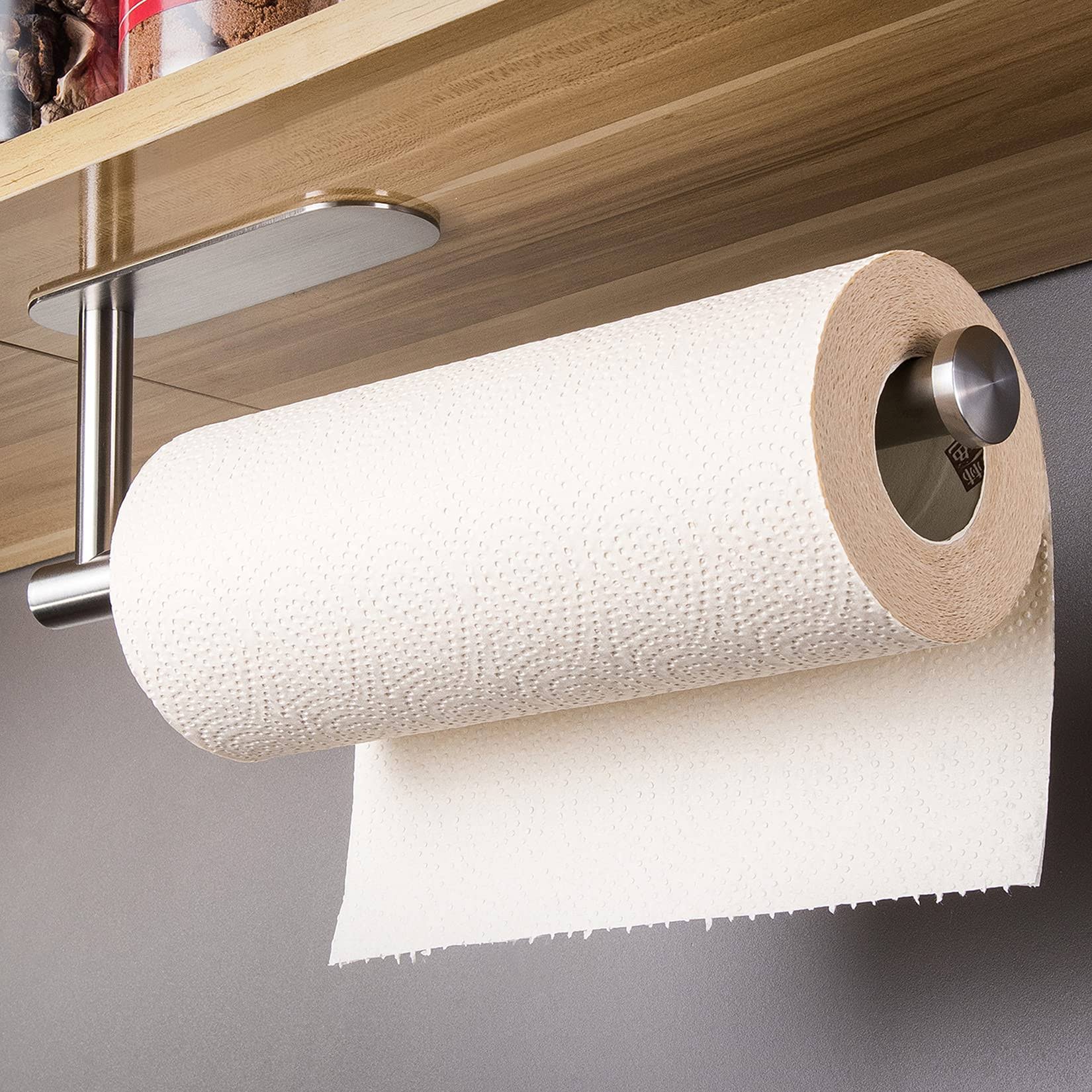 a0fd1a1c908eba369349d0084434e53004e6766eb9e1843eb71326fb420905b7.jpg Taozun Self Adhesive Paper Towel Holder - Under Cabinet Paper Towel Rack for Kitchen, SUS304 Brushed Stainless Steel (No Drilling) - Image 1