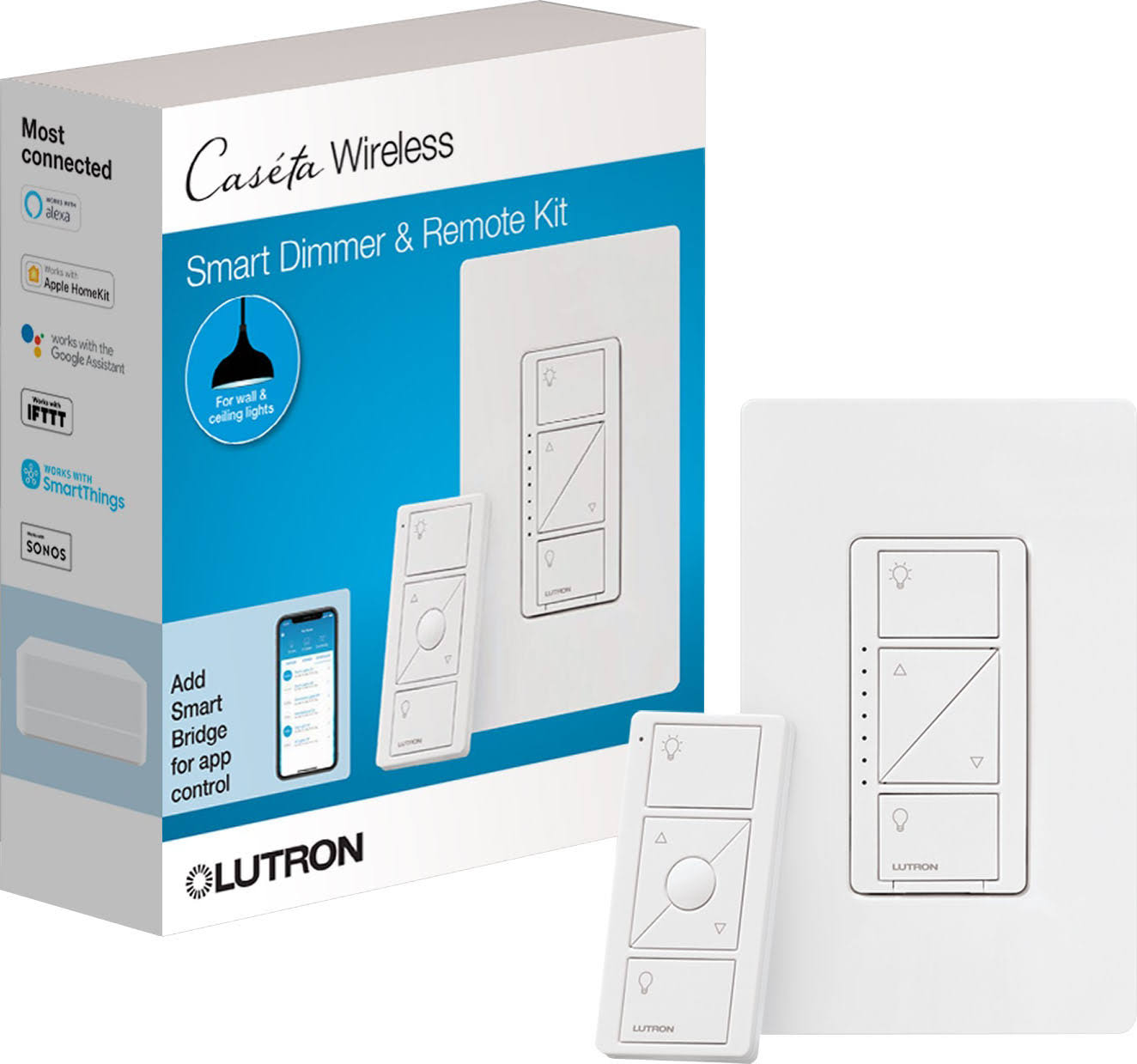 a13969d4398faf8af1f4db3fcc527d577abce03d3065ad2747002f04ac0d2aec.jpg Lutron P-PKG1W-WH-R Caseta Wireless Smart Lighting Dimmer Switch and Remote Kit, White - Image 1