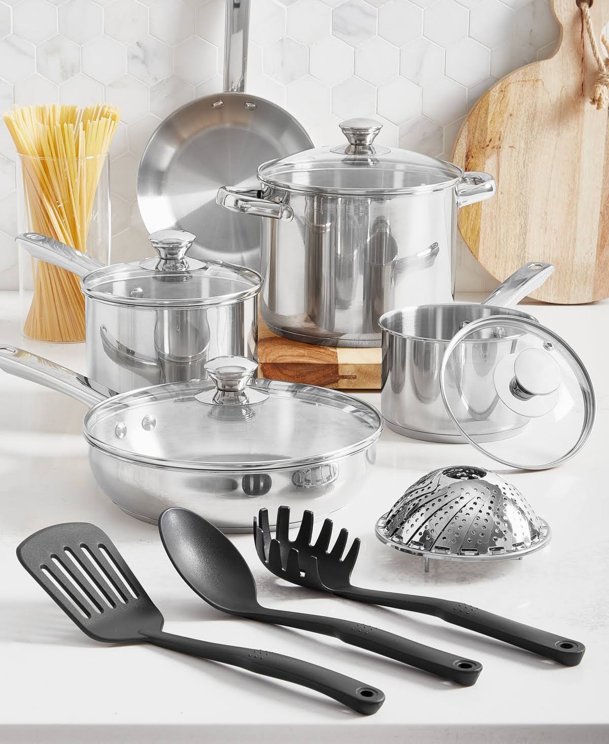 a188bf932668935a1f9a26887fb33a8fd111ba67aa7980eecee3edbcf3e07363.jpg Tools of The Trade Stainless Steel 13-pc. Cookware Set - Image 1