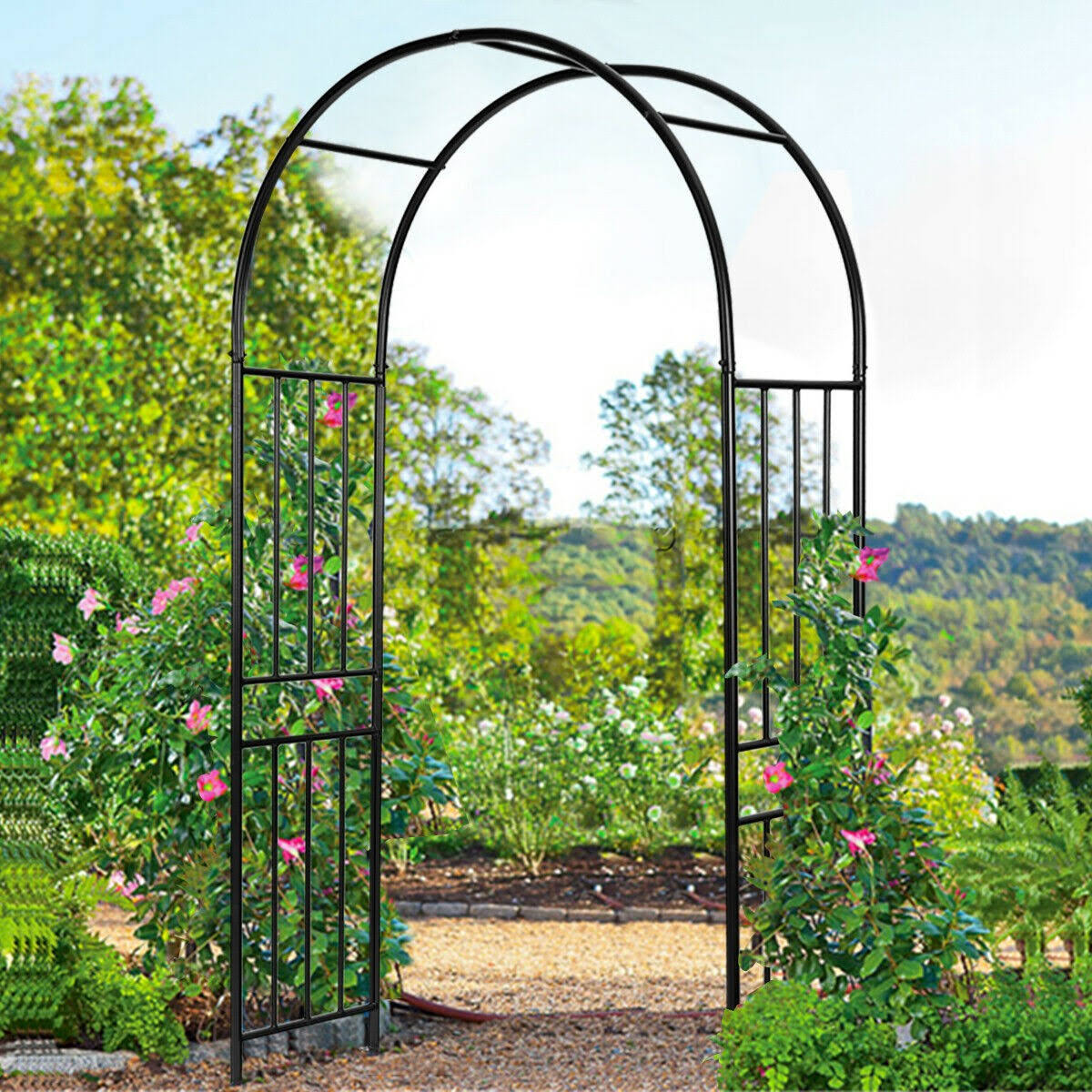 a1d18c2401ab2e8bd4458e7b3d144c1081691f99da639549ff3c553850c60731.jpg Costway 7.2ft Garden Arch Steel Arbor Wedding Garden Decoration Climbing Plants w/Stakes - Image 1