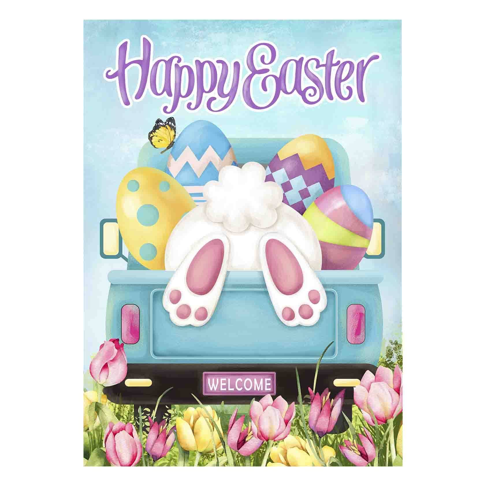 a2779d71c7fee3c7c8145d93cc36cb05c49b74bf6e4420ce9dee4fddbbea912a.jpg Morigins Happy Easter Bunny Tail Eggs with Blue Truck Yard Flag Spring Tulip Flowers Outdoor House Flag 28x40 inch - Image 1