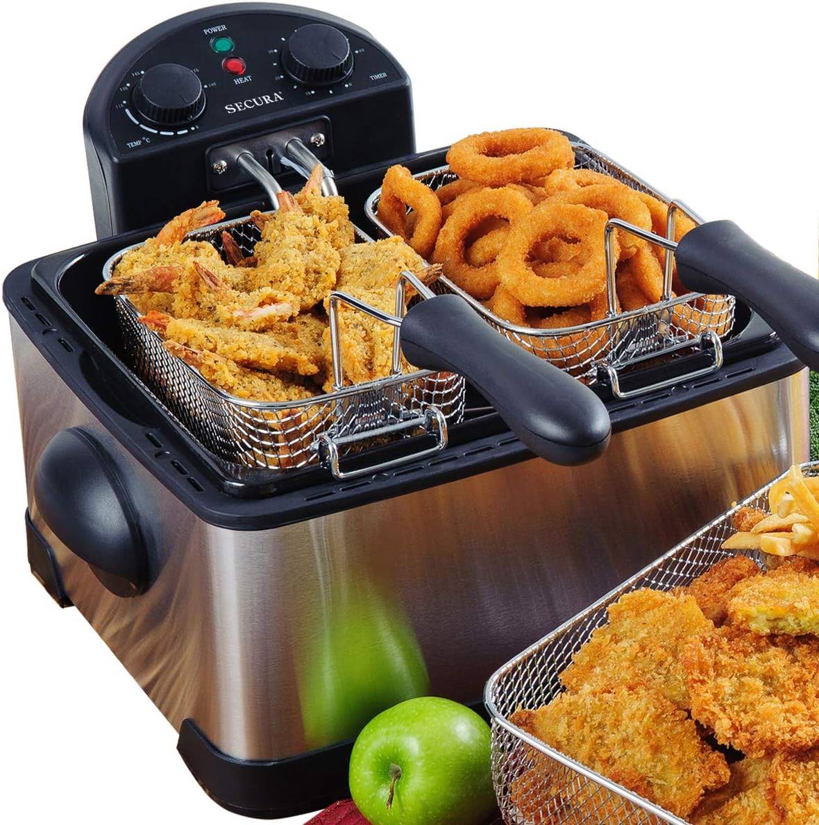 a29ab4513a6344c3bbf97b7d651cdd1ff8da12a67810530e72615624bf951650.jpg Secura 1700W Stainless-Steel Triple Basket Electric Deep Fryer 4L/17-Cup -Silver - Image 1