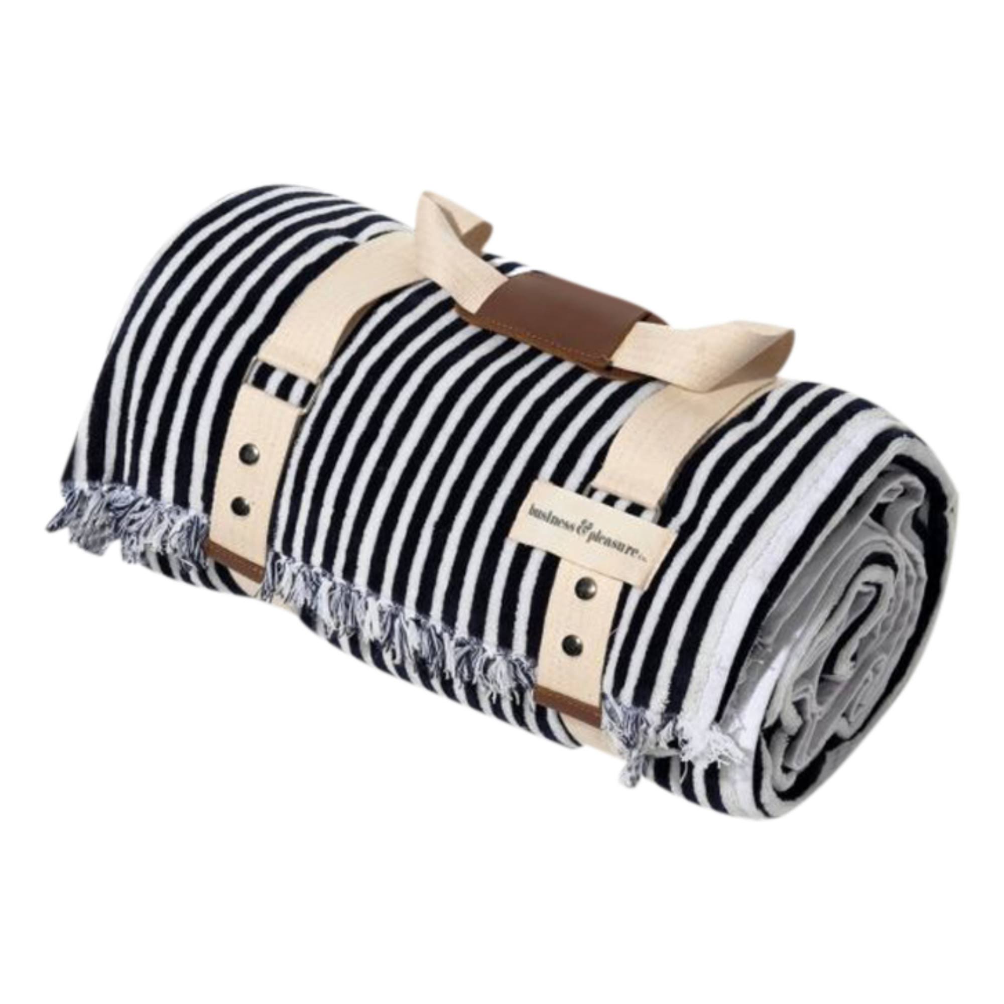a2c9501cb3ea44de8876be6670691319662ce460ccc1d82ff72302ff7cf74e20.jpg Business Pleasure Beach Blanket - Navy Stripe - Image 1