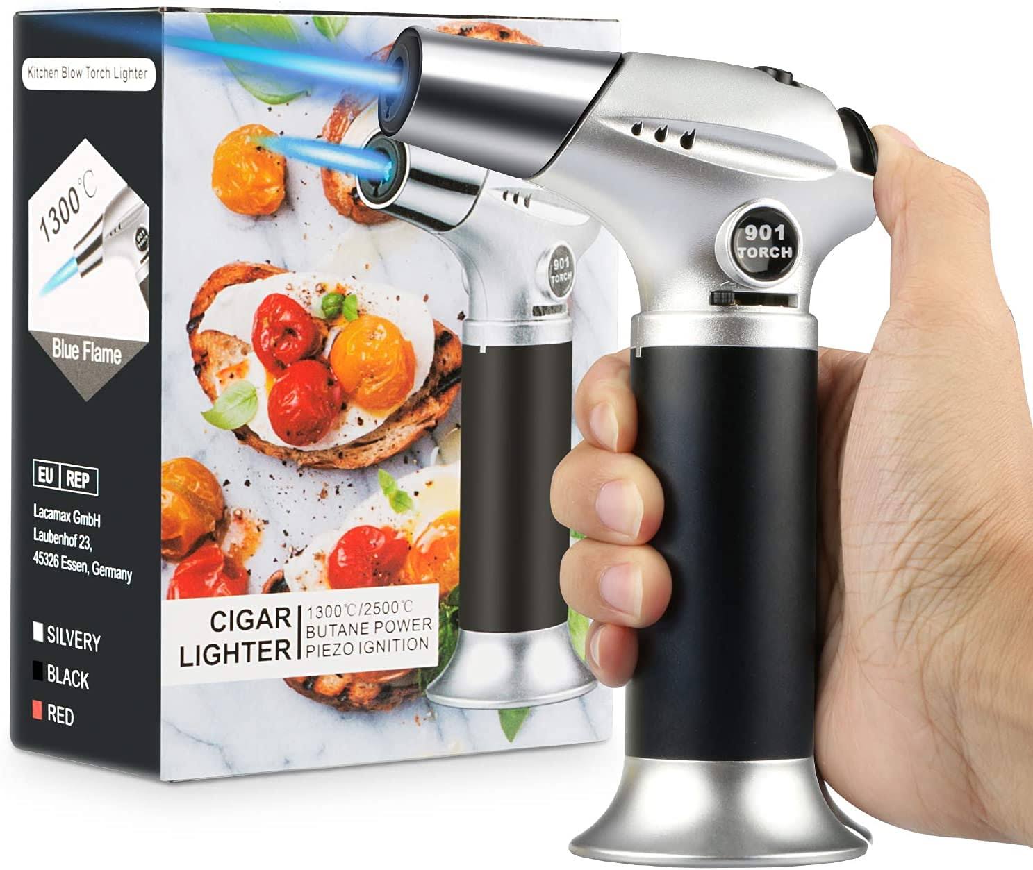 a394e4afbbc874592af88696a3e5949fd23dd3c5cfd4b4ccb5dd3198092ce2a2.jpg Tencoz Blow Torch, Professional Kitchen Cooking Torch with Safety Lock Adjustable Flame Refillable Mini Blow Torch Lighter for Crafts Cooking BBQ Baking - Image 1