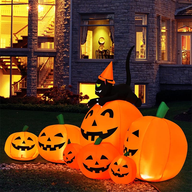 a395c9aa24e9f600228b9583131f68b0a929f5745453833bd7e2183949d23421.jpg 7.5 FT Halloween Inflatable Pumpkin Combo with Witch Black Cat, LED Lights & Blower, Waterproof Blow-up Holiday Decor for Outdoor Yard Haunted House - Image 1