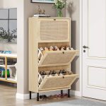 Sweiko 3 Flip Drawer Shoe Cabinet Natural Rattan Shoe Cabinet Organizer Freestanding Wooden Shoe Rack Storage Cabinet with Metal Legs for Entryway