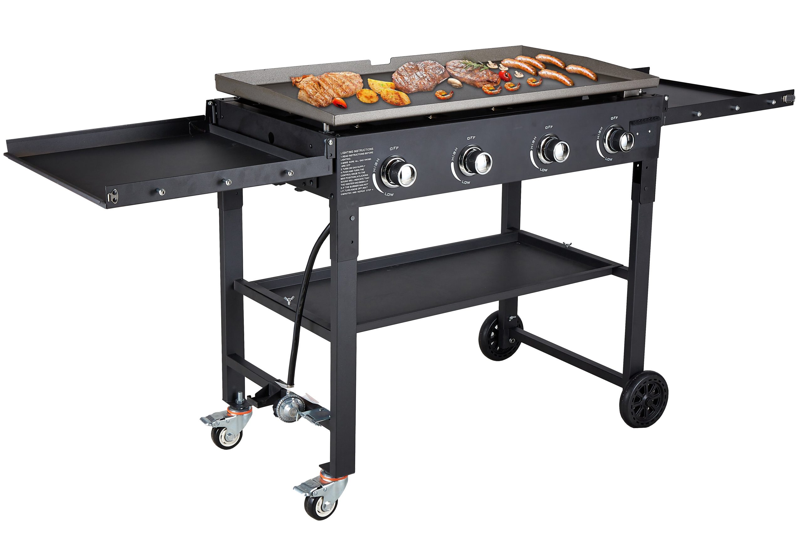 a48c6e7599bb18da01e39b147457f5586e5e54313d44c684f8089542a7432478.jpg 4 Burner 36 Outdoor Propane Gas Griddle Grill Cooking Station - Image 1