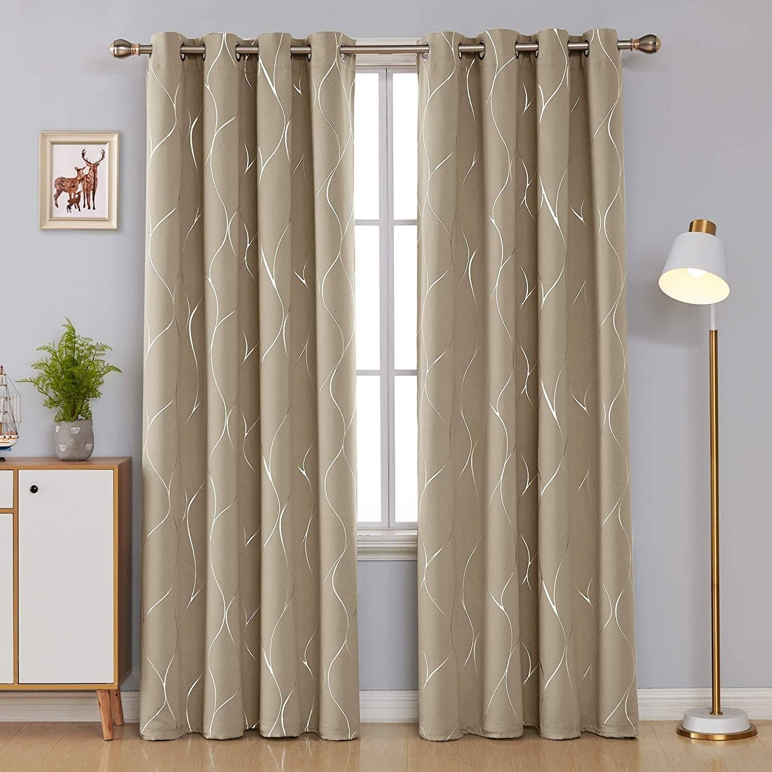 a4a3ccbbe2faa98899b1d71330a36b1ddf4f56d78b1b8b70239511c05df4de5f.jpg Deconovo Silver Wave Foil Print Blackout Curtains Grommet Light Blocking Curtain - Image 1