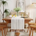 Chassic Rustic Farmhouse Style Linen Table Runner, Boho Handmade Tassel Embroidered Table Runners 48 Inches Long for Holiday Party, Wedding and Dining