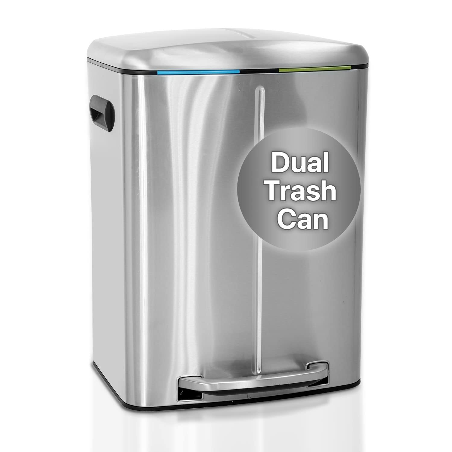 a4d642c3282aefee31dfce194e0e3102ecacbc2fc79534ba094b7415e210e81e.jpg Kitchen Trash Can with Lid & Double Barrel for Bedroom Bathroom Office High Capacity Step Trash Bin Fingerprint-Proof Brushed Stainless Steel - Image 1