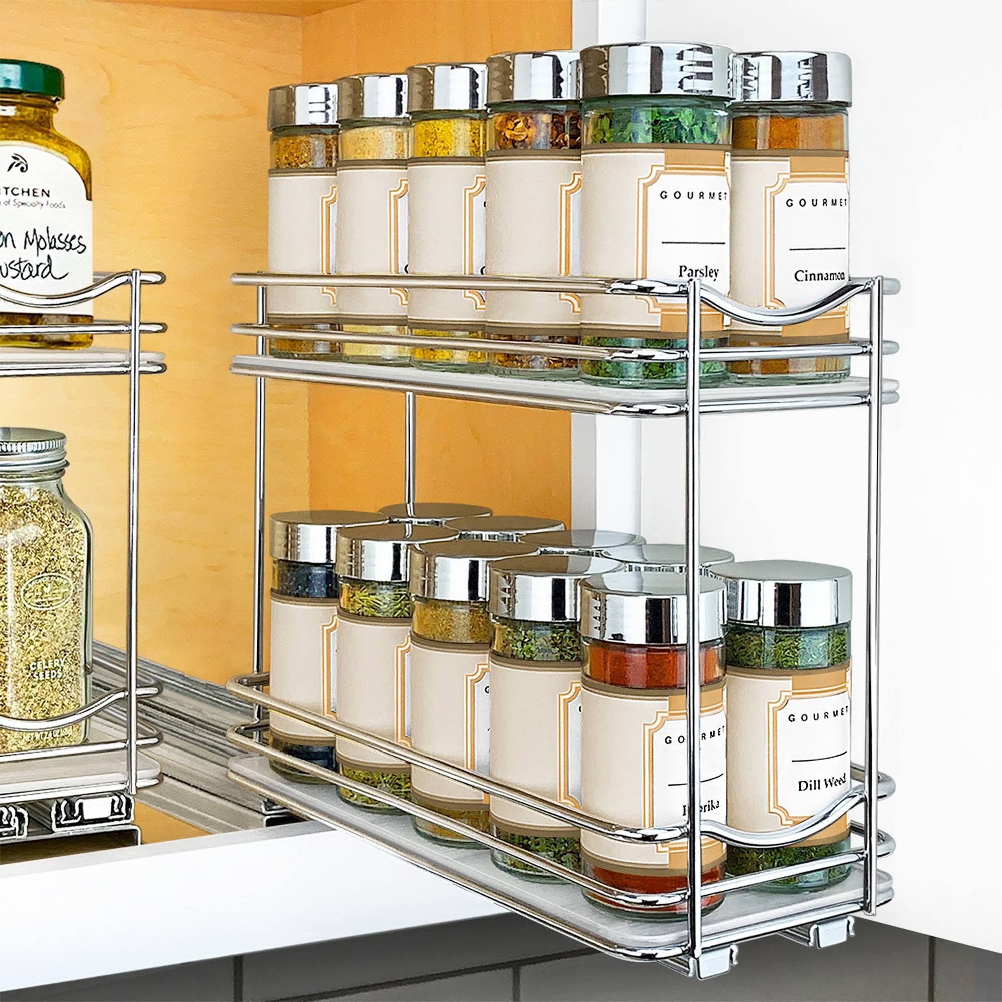 a500cdaccfb1991f2d109aff0b4ef085e0f793d9003d7128c8adfe34365b6d8e.jpg Lynk Professional Slide Out Double Spice Rack Upper Cabinet Organizer - 4" Wide - Image 1
