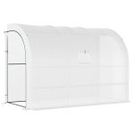 Outsunny 10' x 5' x 7' Lean to Greenhouse, Walk-In Green House, Plant Nursery with 2 Roll-Up Doors and Windows, PE Cover and 3 Wire Shelves, White