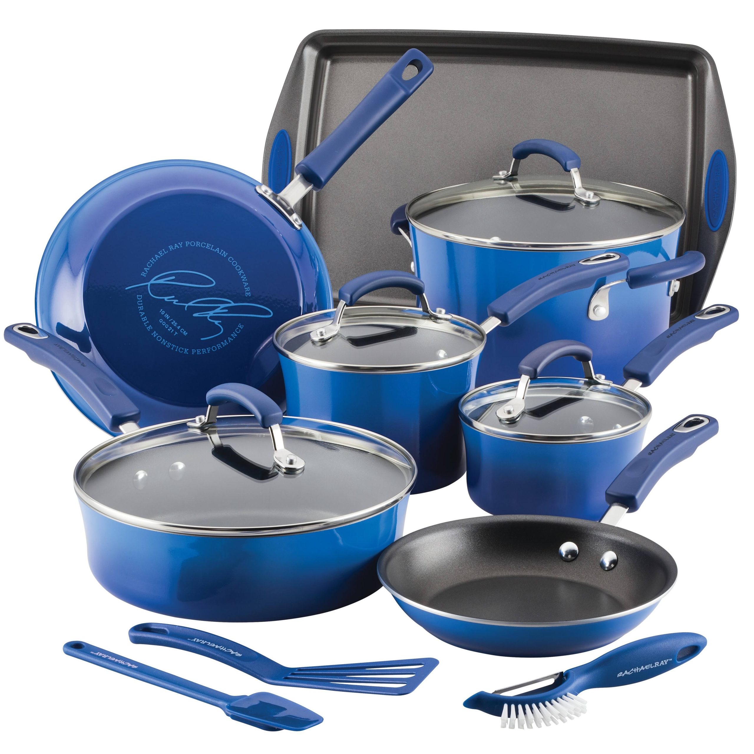 a5489d911be52c7a34d27cec3c91ac06b3e5a91010f71db1fe1af3cf21e27f97.jpg Rachael Ray 14-Pc. Classic Brights Hard Enamel Nonstick Cookware Set - Blue - Image 1