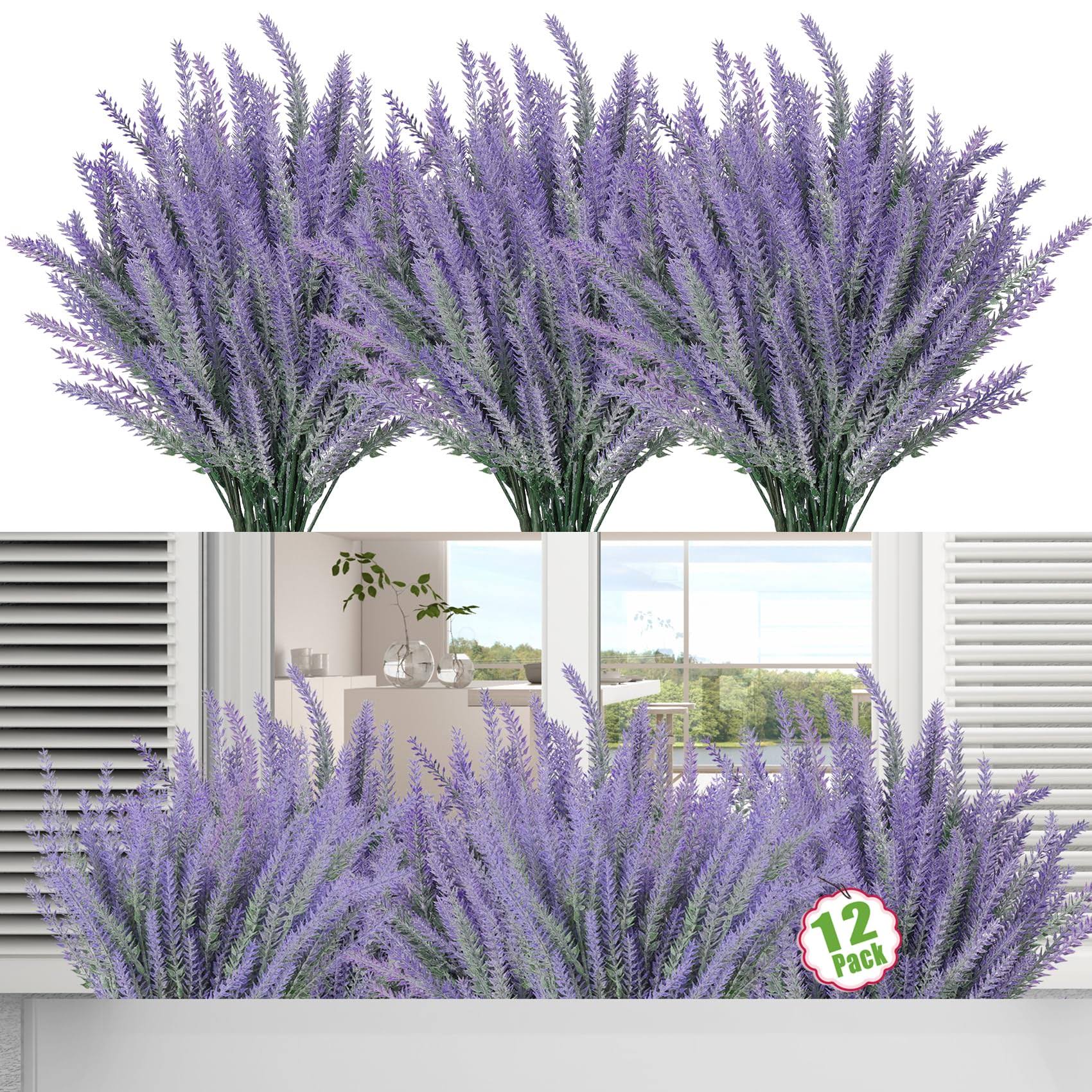 a59e57c7d8b23f2b31dde8c89f247735442cd35c9a7823f4a319ba806dfaad68.jpg Moulyan 12 Bundles Fake Flowers Artificial Lavender Faux Plastic Purple Flowers for Home Wedding Kitchen Garden Patio Window Box - Image 1