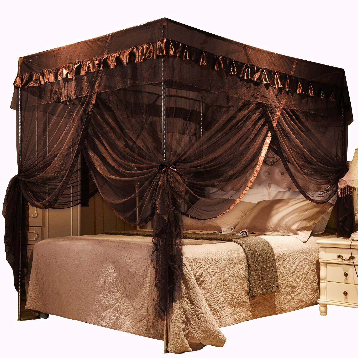 a5a653685bebaddcb081a62efd483e2d51608d6a6085ab7aa359ac428e781b5e.jpg Mengersi 4 Corners Post Canopy Bed Curtains Canopy for Bed King Size - Royal Luxurious Mosquito Net Bedroom Decor (King Coffee) - Image 1