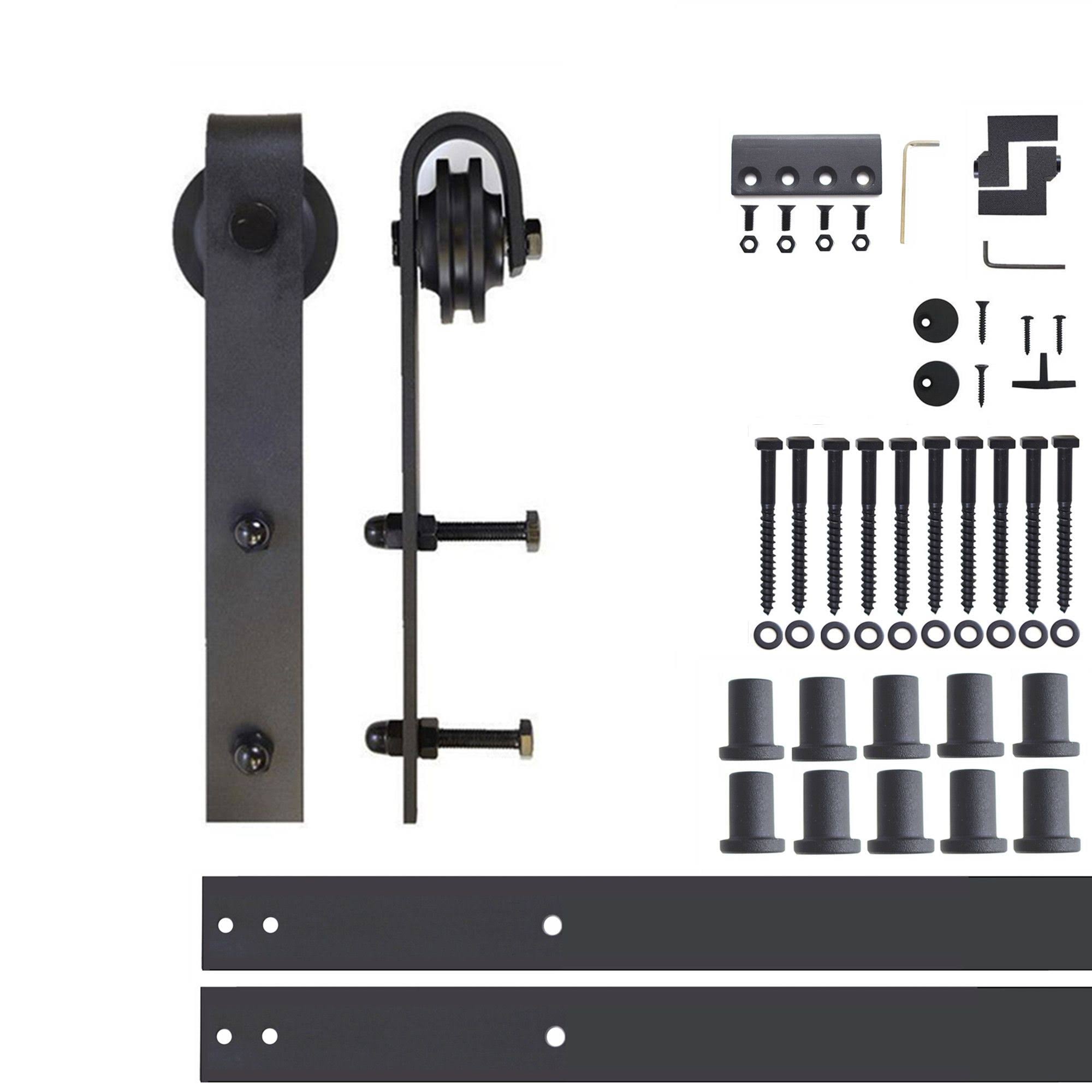 a5af70d993e2fcc0eb5d4f32850b504a89a3d0fe32d6fe00b3ef07596158dc99.jpg Homacer 144-in Rustic Black Interior/Exterior J-Strap Barn Door Kit - Image 1