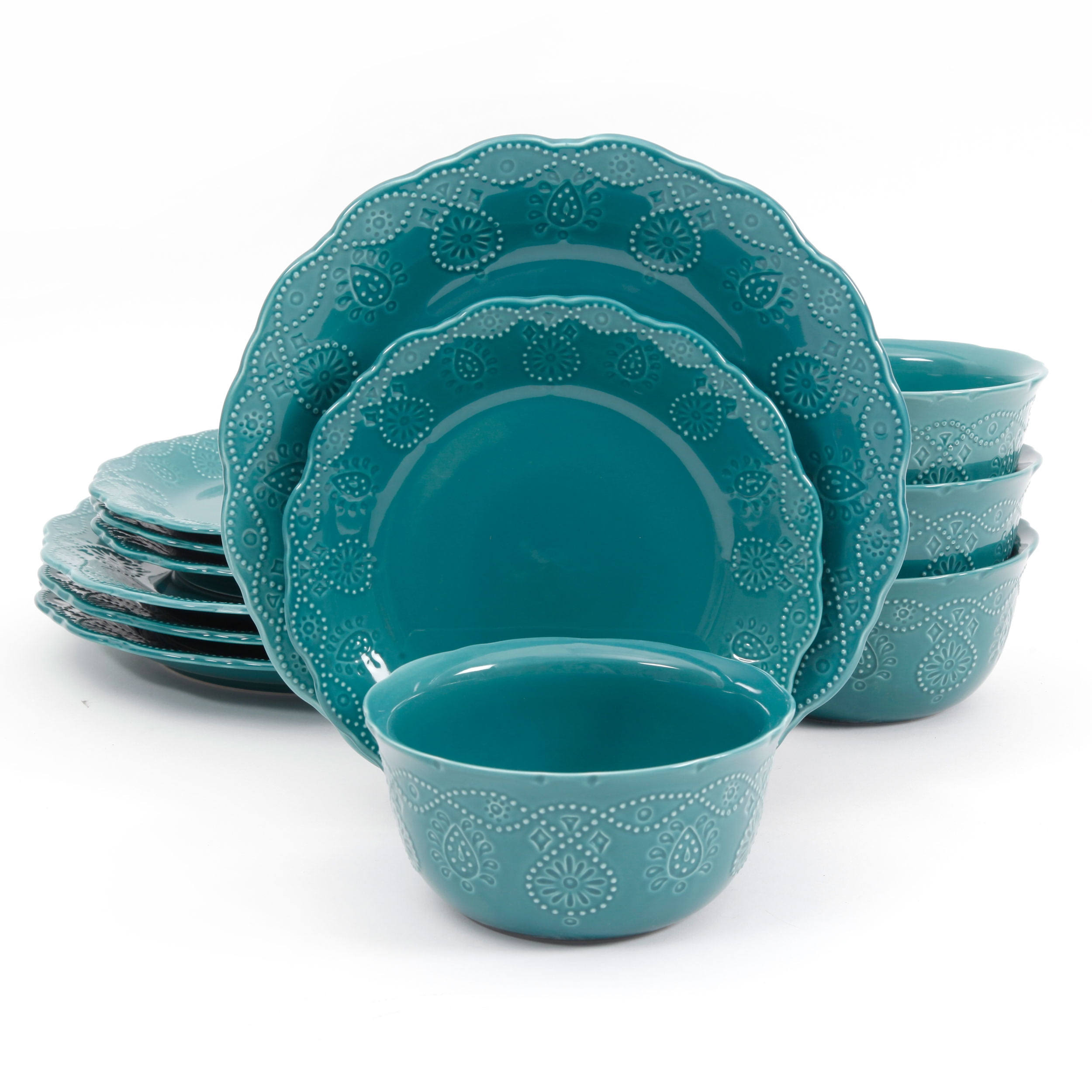 a5b551cb58b586cdb513db09ff2306dc1834a80bd3f05584b8f48eeffa31e994.jpg The Pioneer Woman Cowgirl Lace 12-Piece Dinnerware Set - Teal - Image 1