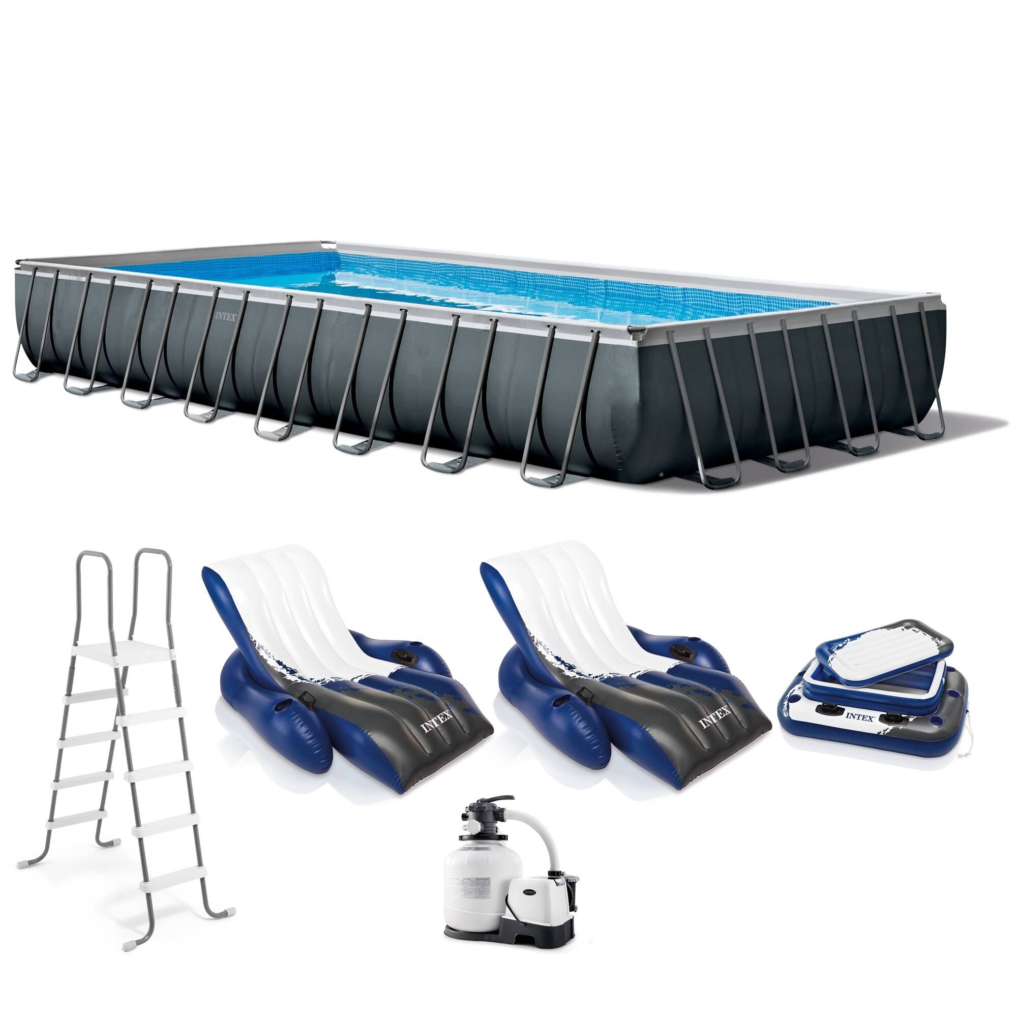 a5df54c974f66af6c2a30b9ddb5f7cbb5d5e8357fe128b9d78528d2b55992677.jpg Intex 32' x 16' x 52" Ultra XTR Rectangular Pool w/ 2 Floating Chairs & Cooler - Image 1