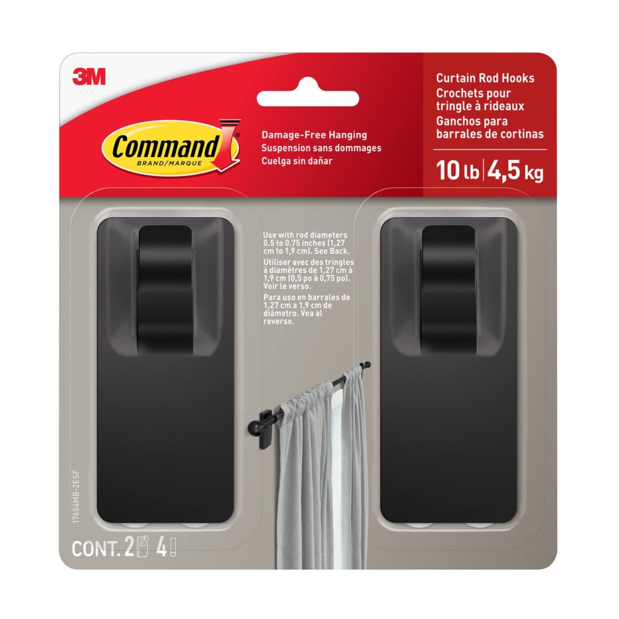 a60865c697511a81414e7d183f1f16838bfd4316d4fea975475d7c352e2d5ec0.jpg Command Matte Black Curtain Rod Hooks, 2 Hooks, 4 Adhesive Strips - Image 1