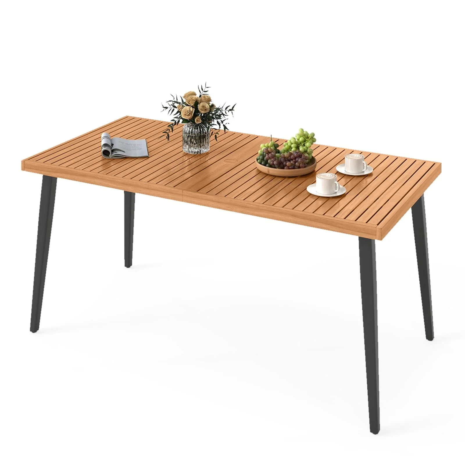 a63c8515a036306c446a93ceab6c7d17a50701dfcc350d912ab9e64ece50ecbd.webp Tangkula 63 Inches Outdoor Indoor Dining Table with 1.97 Inches Umbrella Hole and Metal Legs - Image 1