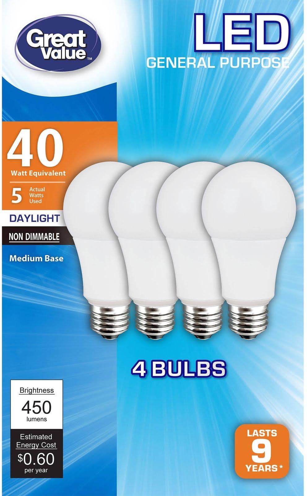 a641cb4f125257070307e2238ca4c0709a48d59b44b13634dd658e9df970a942.jpg Great Value LED Light Bulbs 5W, Daylight - 4 pack - Image 1