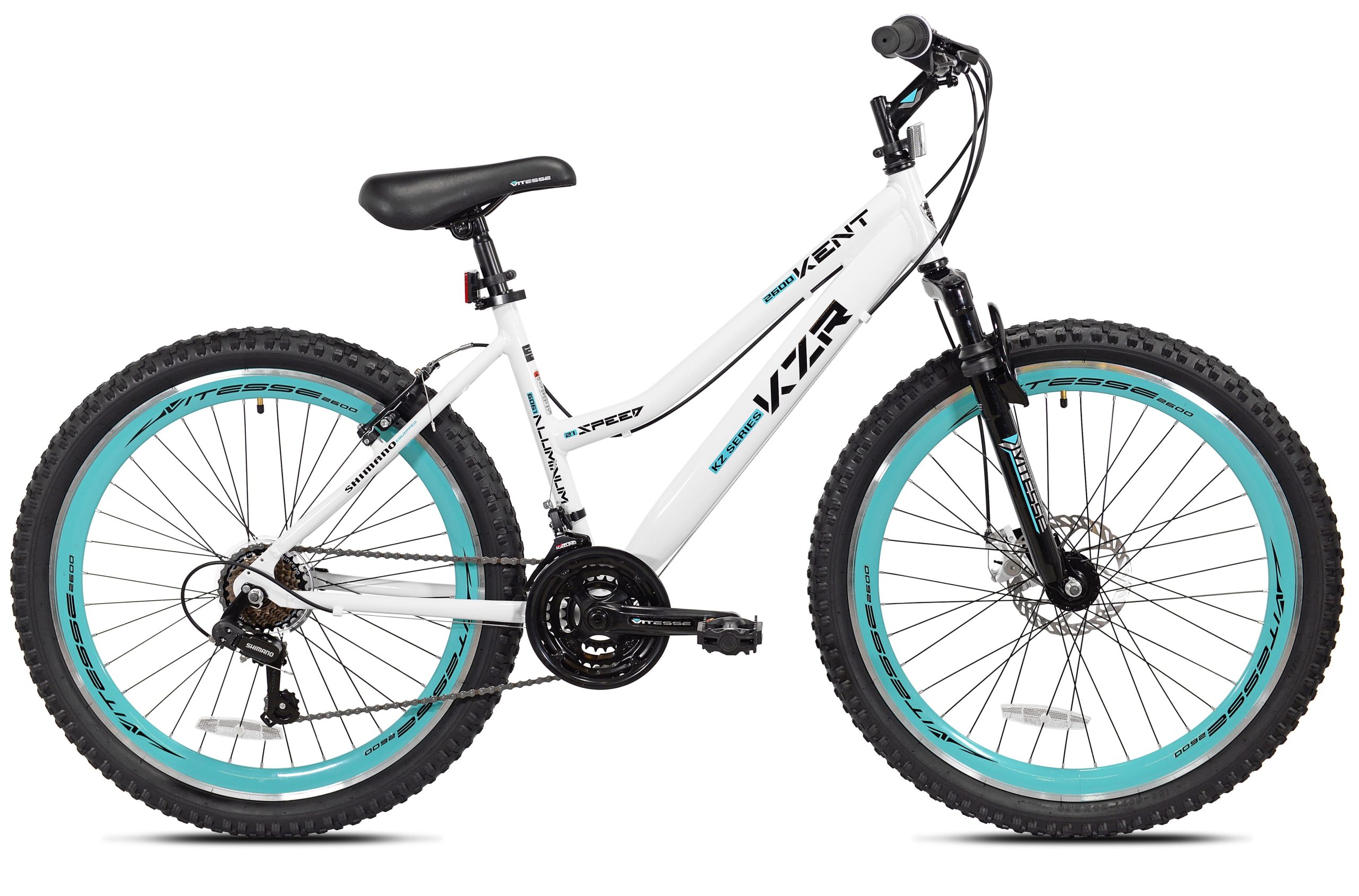 a643fcaff8f3432c451e78b87a24838ed58bf1176f8112a435e664a4d3aff1f4.jpg Bicycle 26 In. KZR Mountain Women's Bike. White and Teal Rim - Image 1