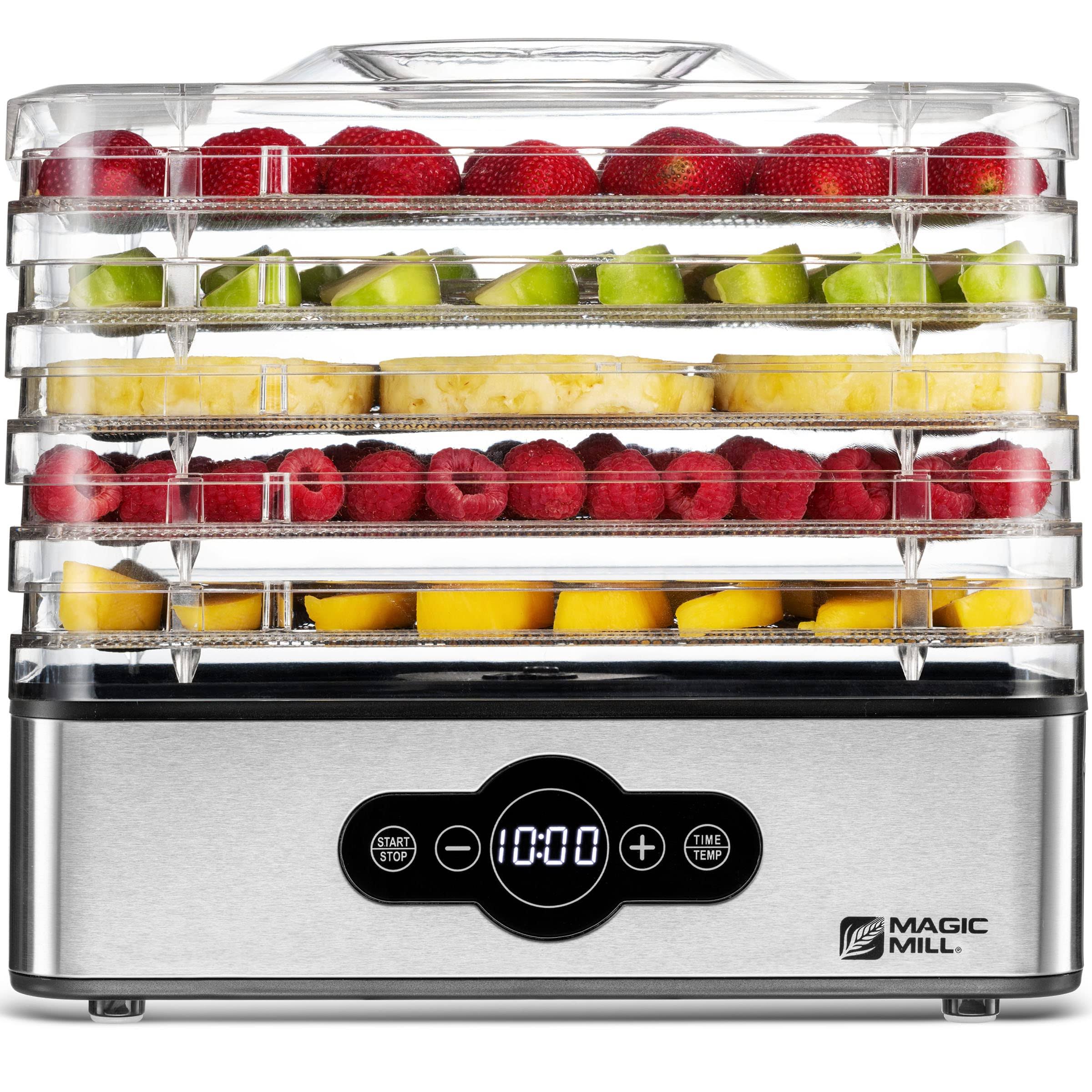 a6570cd6f2cb6e02fd275acd3eb588dde3842ac80e9395e8e39fdd55bfe03809.jpg Magic Mill Food Dehydrator Machine | 5 Stackable Stainless Steel Trays Jerky Dryer with Digital Adjustable Timer and Temperature Control - Electric - Image 1
