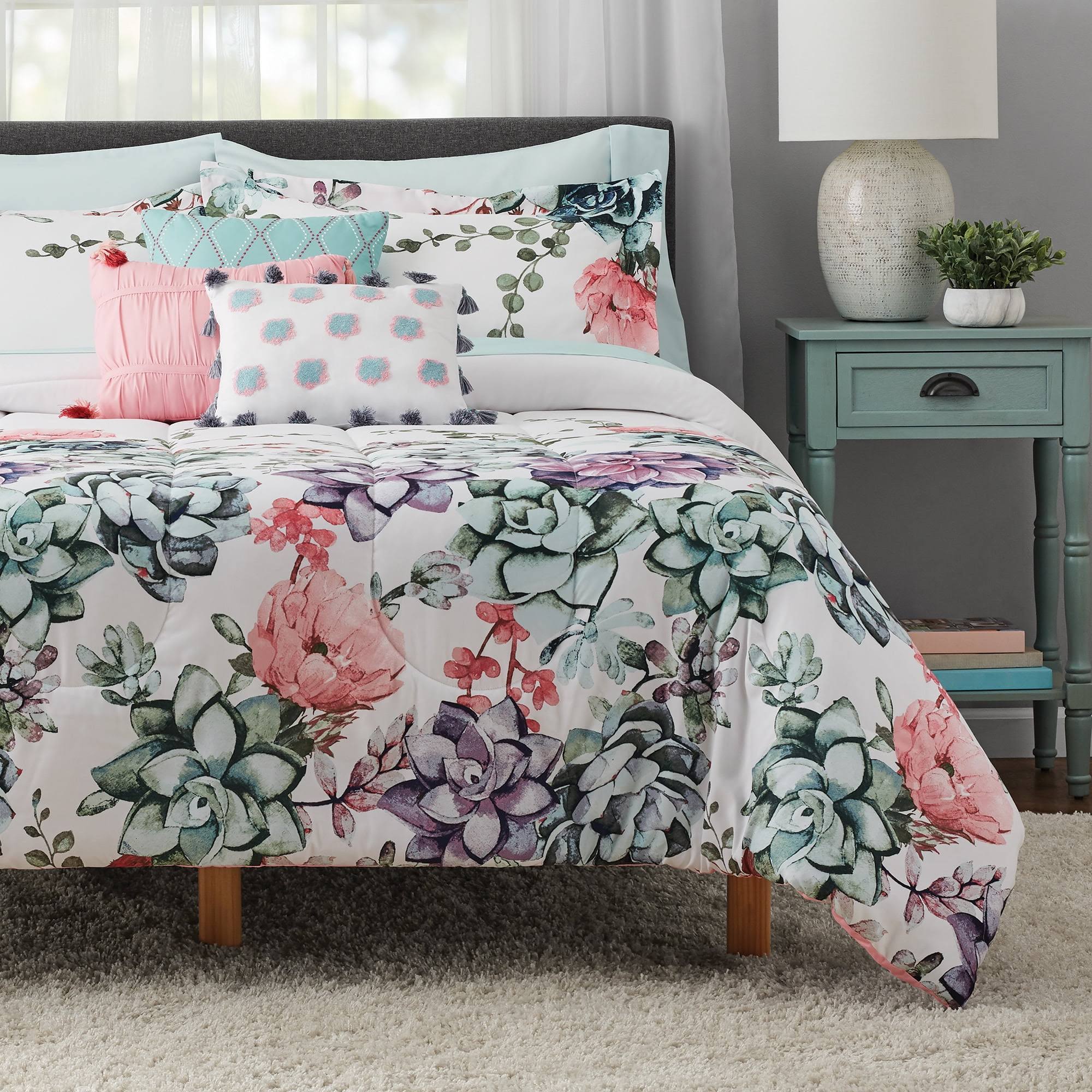 a66d218288e1808d207cc81db9b92d45edf0216ac93c5a82237a64e1c69cf8bf.jpg Mainstays Jade Floral 10-Piece Bed in A Bag Bedding Set w/Bonus Sheet Set + Pillows, King - Image 1