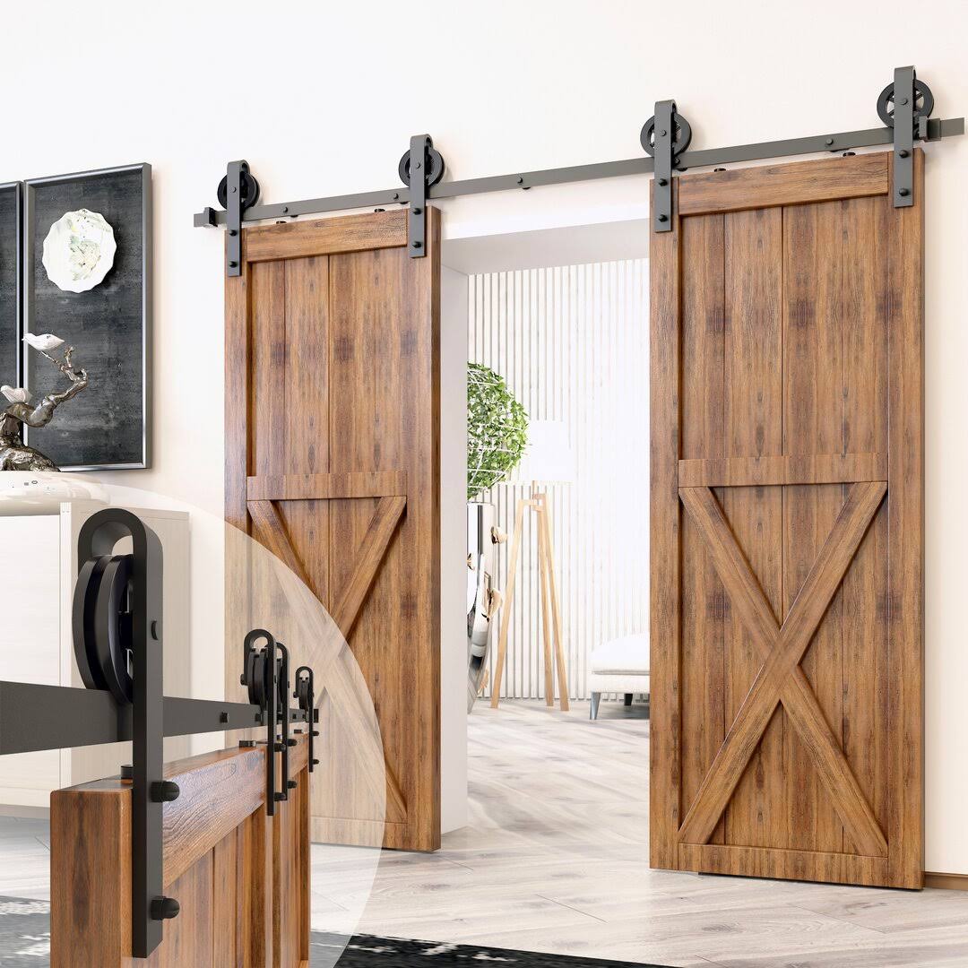 a6bed3a26ae6c2b508c1bc679b1f72550a7cefe26747a5ed054e20880f57410e.jpg Barn Standard Double Door Hardware Kit Homacer Track Length: 60 in. - Image 1
