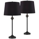 360 Lighting Lynn Modern Country Cottage Buffet Table Lamps 26" Tall Set of 2 Black Metal Faux Silk Drum Shade for Bedroom Living Room Bedside