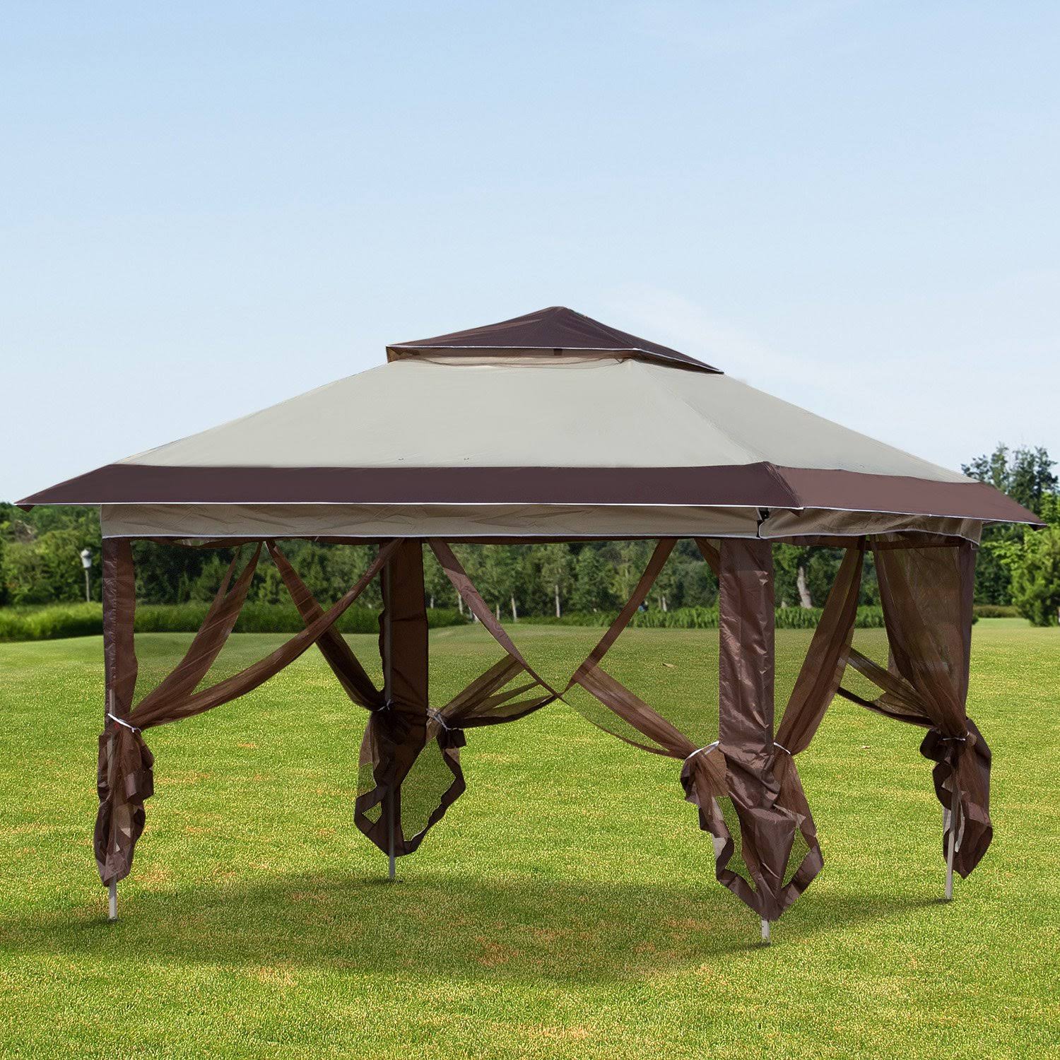 a6f3494a3f407d944a7b6dcd1fdbe58eeb892e6a5c4a5f99d9f125c7ae6332ee.jpg Outsunny 12' x 12' Pop Up Canopy Sun Shade Instant Tent Folding with Mesh Sidewall Netting, 3-Level Adjustable Height - Beige - Image 1