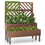 2-Tier Raised Garden Bed with Trellis, 53" Freestanding Elevated Wood Planter Box with Legs & Drainage Holes for Climbing Plants, Flowers