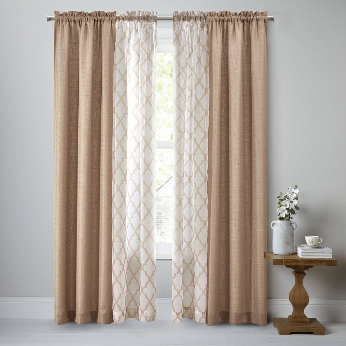 a7319c4f98ec67d071c76d66d3cf6bc8f7a2215cb519d11a2d65536d5d97f285-1.jpg Mainstays Luna Curtain Panel, 4 Piece Set, Size: 27.5 inch X 84 inch, Beige - Image 1