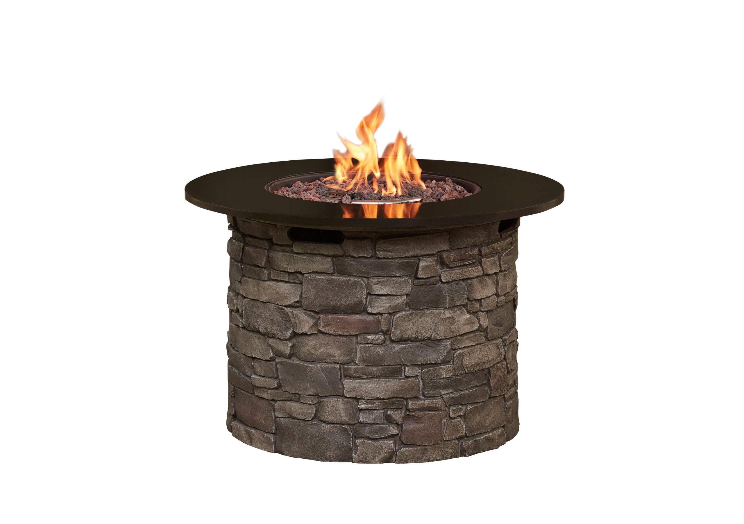 a739eeef5b522266e34e02380301d6c275d53a70cf384aee158bdb2aebd45753.jpg Allen + Roth Stacked Stone Fire Pit Table 36.2-in W 50000-BTU Stacked Grey Stone Portable Composite Propane Gas Fire Table 52052 - Image 1