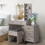 Ktaxon Vanity Set with 3 Color Lighted Mirror & Charging Station, Makeup Table with 3 Storage Shelves & Drawers, Dressing Table Makeup Desk with Stool, Retro Gray