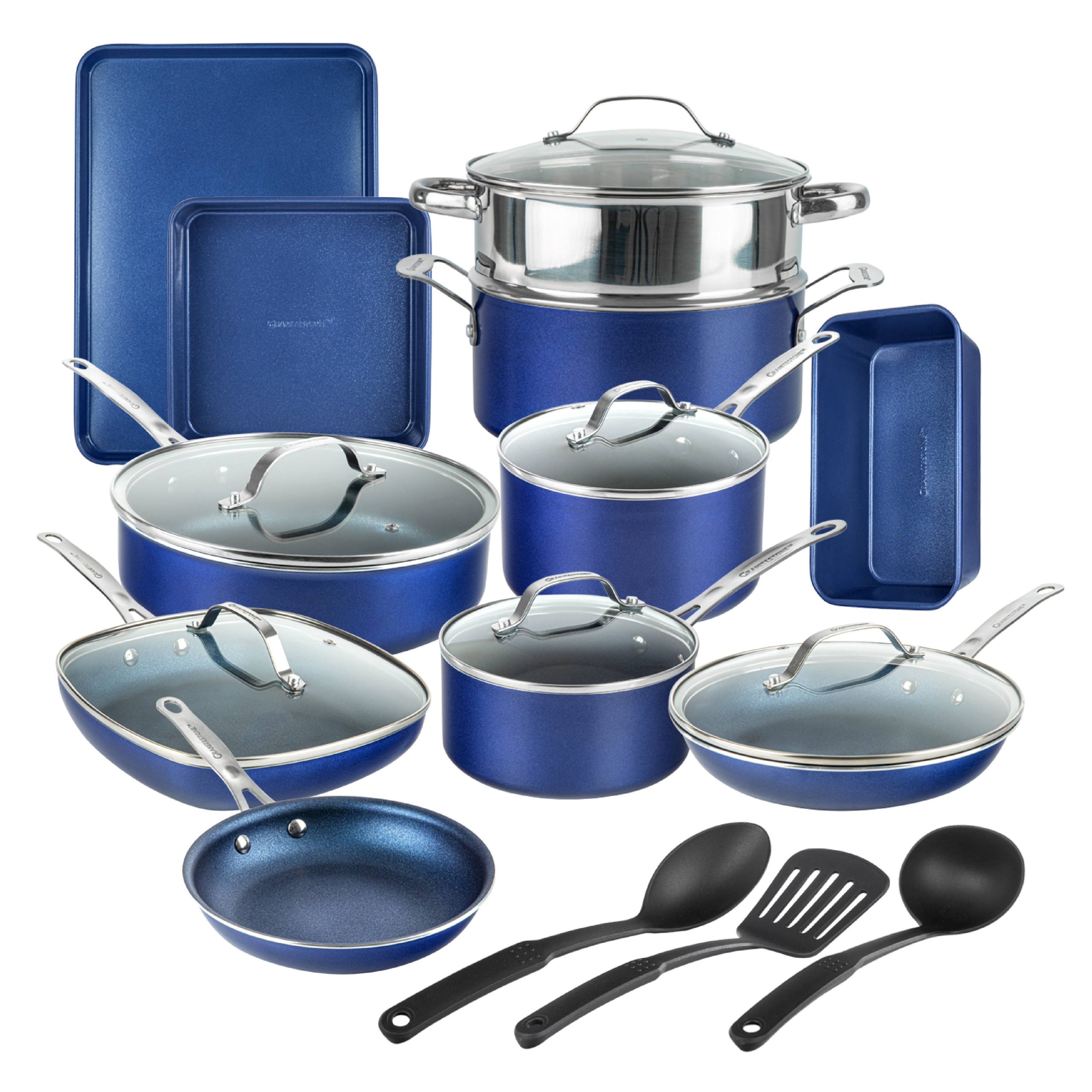 a833a53f211340fb04d9ed7932f39bda514fc3cf25acb45a11dc90e7a072908f.jpg Granitestone 20-Piece Blue Aluminum Ultra-Durable Diamond Infused Coating Nonstick Express Cookware and Bakeware Set - Image 1