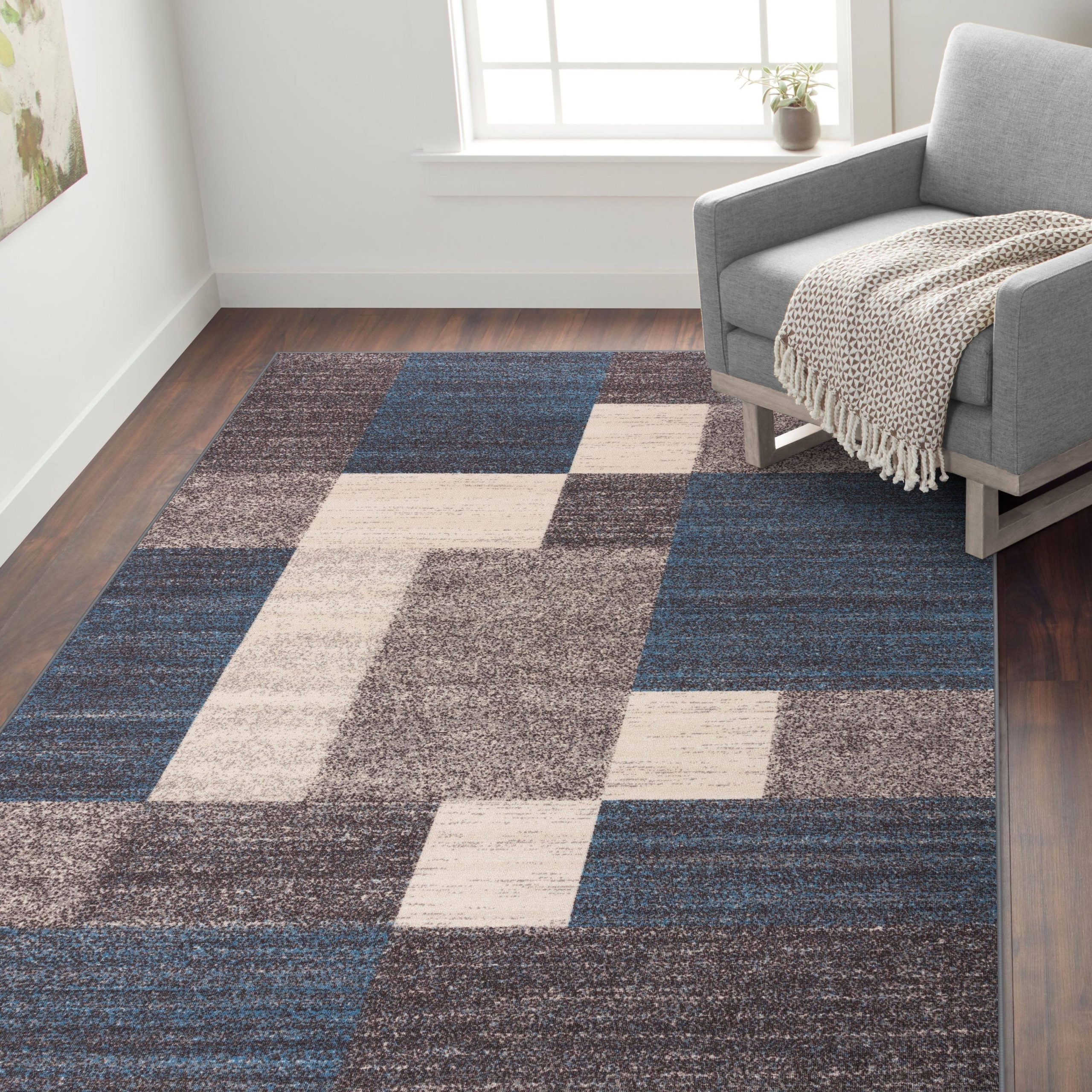a8531c56cc8a113dfa861485e7624d49689e2188ad1d35f71978bbd874893ab3.jpg Modern Boxes Design Non-Slip (Non-Skid) Area Rug - 3'3" x 5' - Blue - Image 1