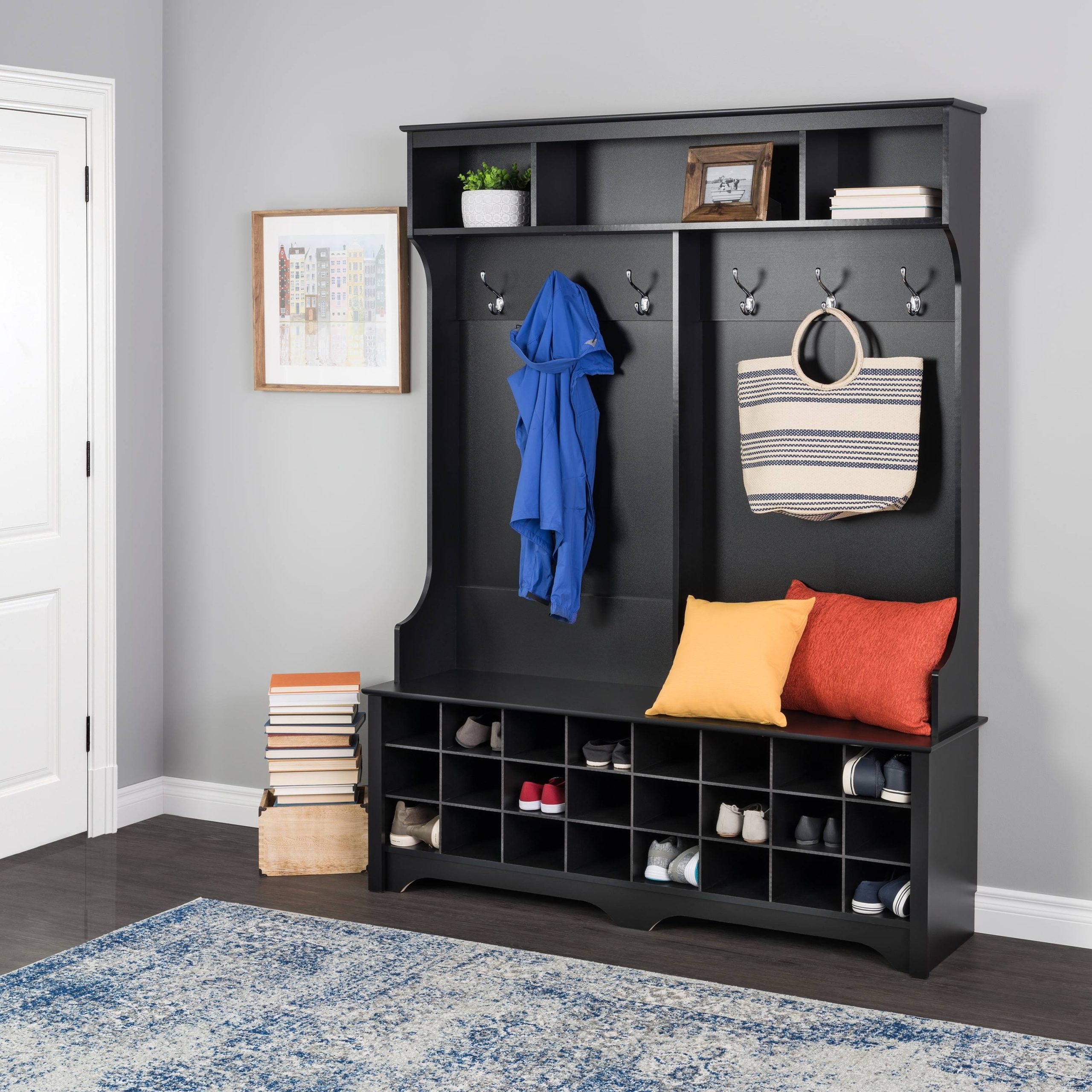 a86e9dce81d6cc8dced992bb59acb65007bb8370c4f0221f4160fe8783e78a69.jpg Prepac 60" Wide Hall Tree with 24 Shoe Cubbies, Black - Image 1