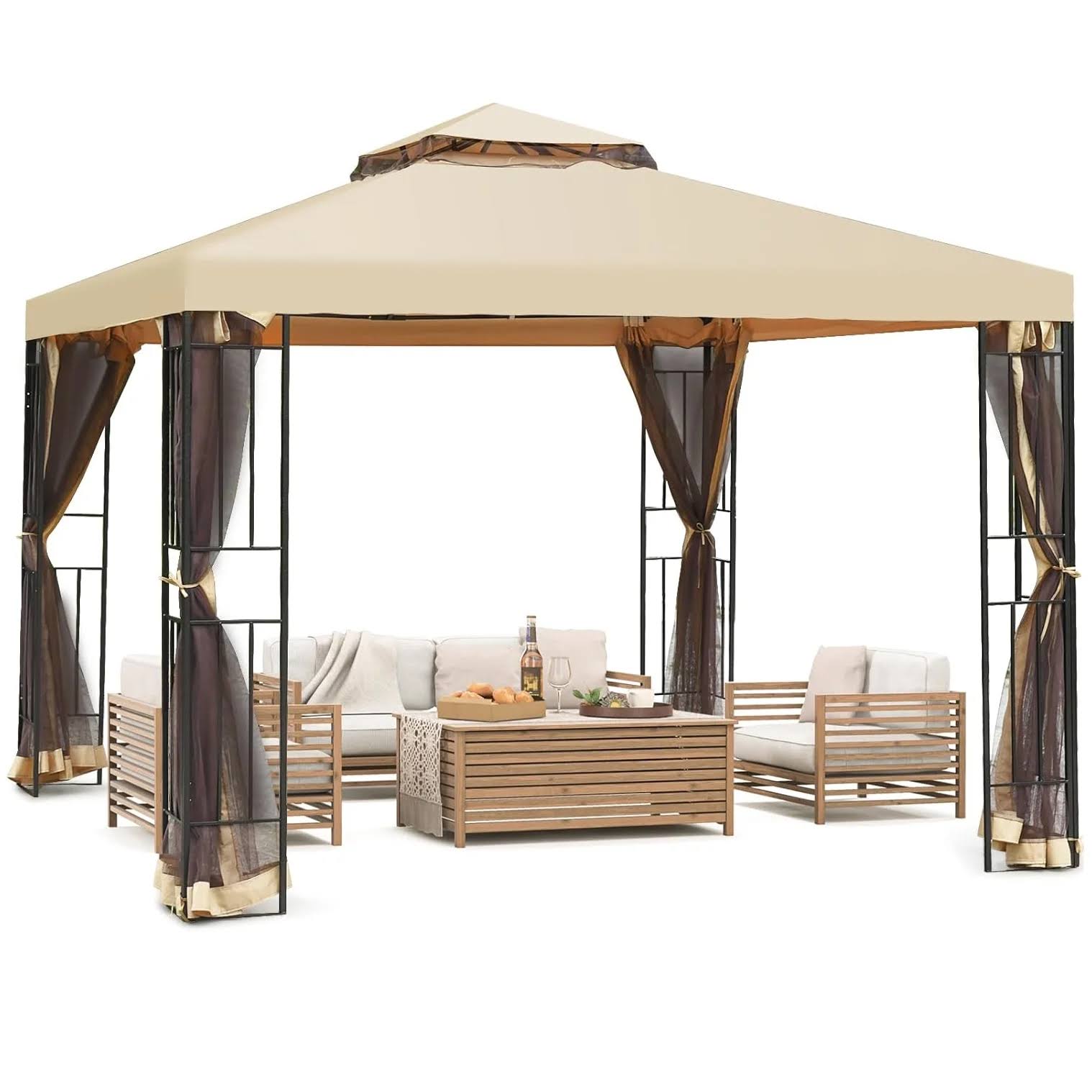a871187faf6242a74a46253148a9aef41a1c4cd44386155c84e836c21a010423.jpg 10x10 ft Patio Gazebo with Mesh Netting Outdoor Canopy for Backyard Garden Pool-Side(10' x 10') - Image 1
