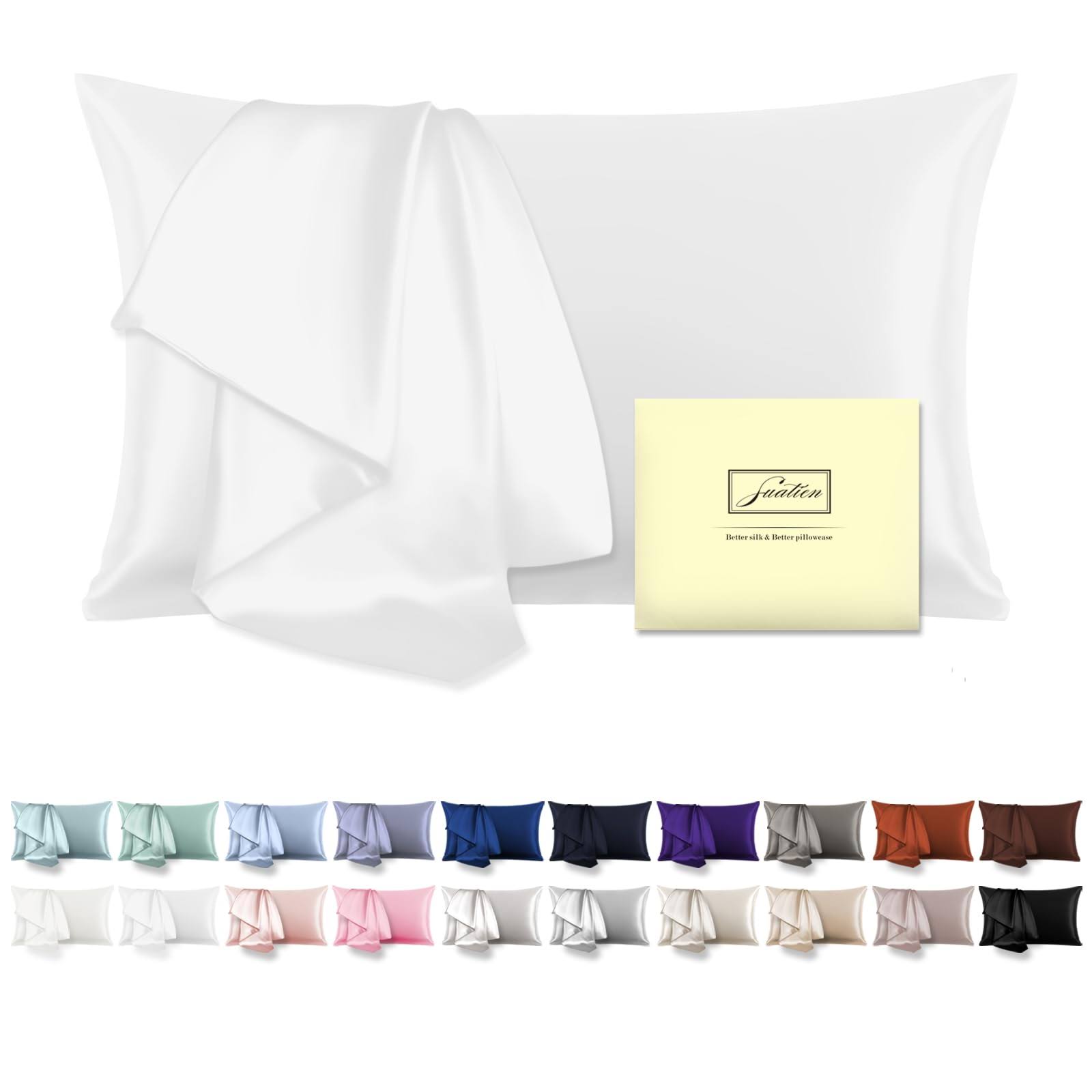 a8b0fa99f1d578a438ce6a06b6c28e6d5fc644334a25fc1631e6907cf92cf801.jpg Suatien Natural Mulberry Silk Pillowcase for Hair and Skin Standard Size 20"x 26" White Pillow Case with Hidden Zipper Soft Breathable S - Image 1