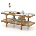 2-Tier Rattan Coffee Table, 47.5" Solid Wood Rectangle Tea Table with Tempered Glass Top & Storage Shelf, Farmhouse Boho Center Table for Living Room