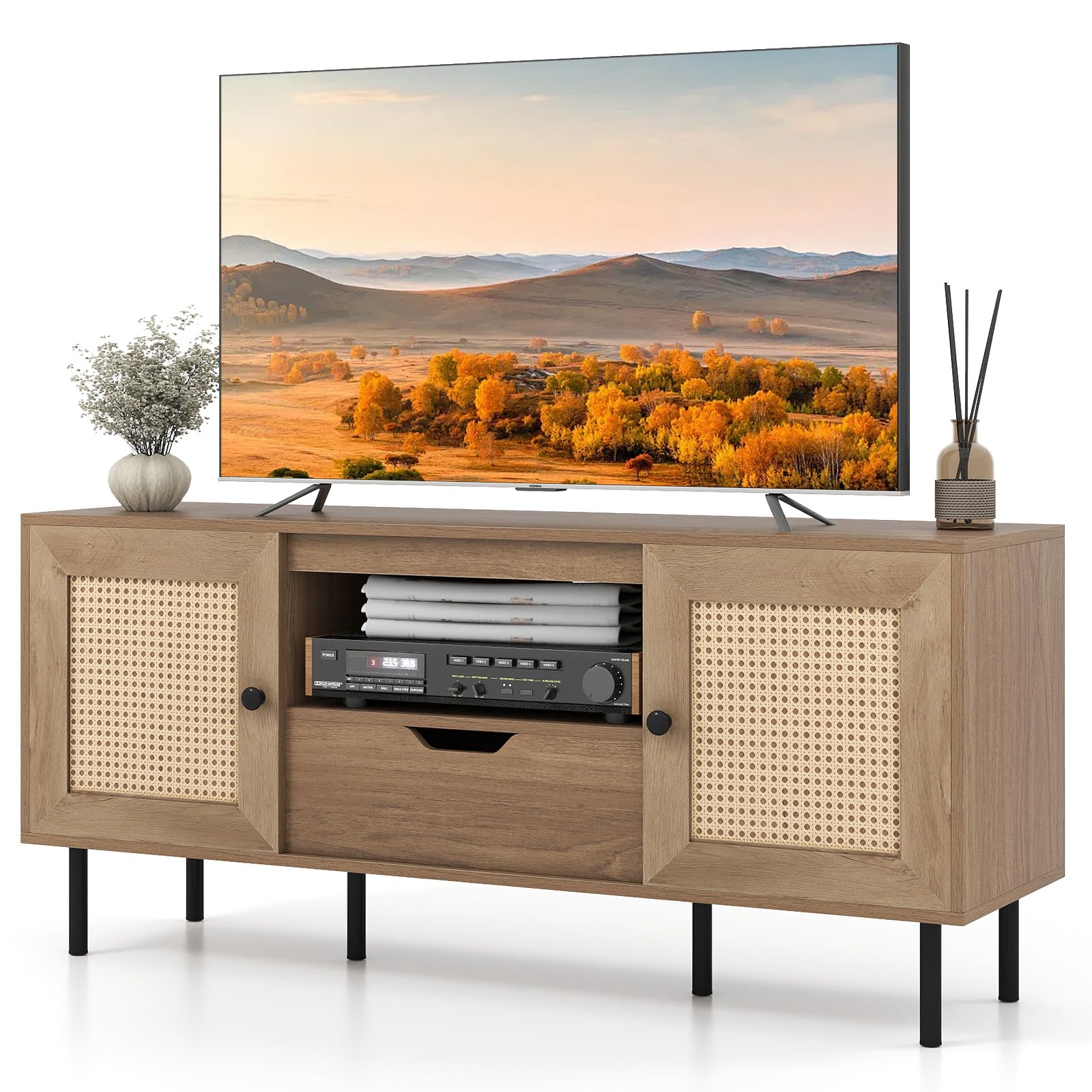 a9129cfa8893d873fda8342f09ce6d38e9b2f041a2a6263caaf49d78be3d7e9b.jpg Tangkula Boho TV Stand for 60 Inch TV Entertainment Center with Cabinets and Storage Shelf - Image 1